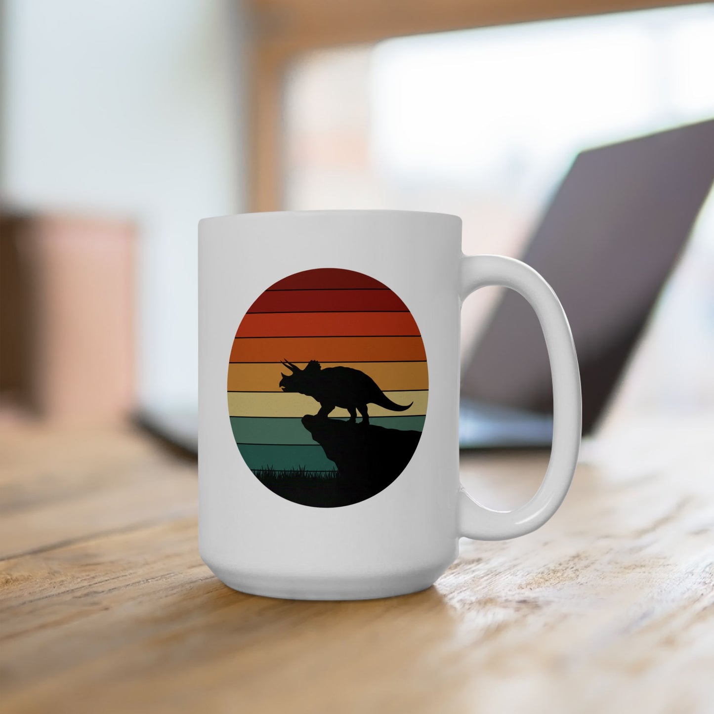 Dinosaur Sunset Mug - Triceratops Retro Coffee Cup - 80s Vintage Dino Mug Gift - Prehistoric Art Mug - Funny Dino Lover Gift 11oz or 15oz