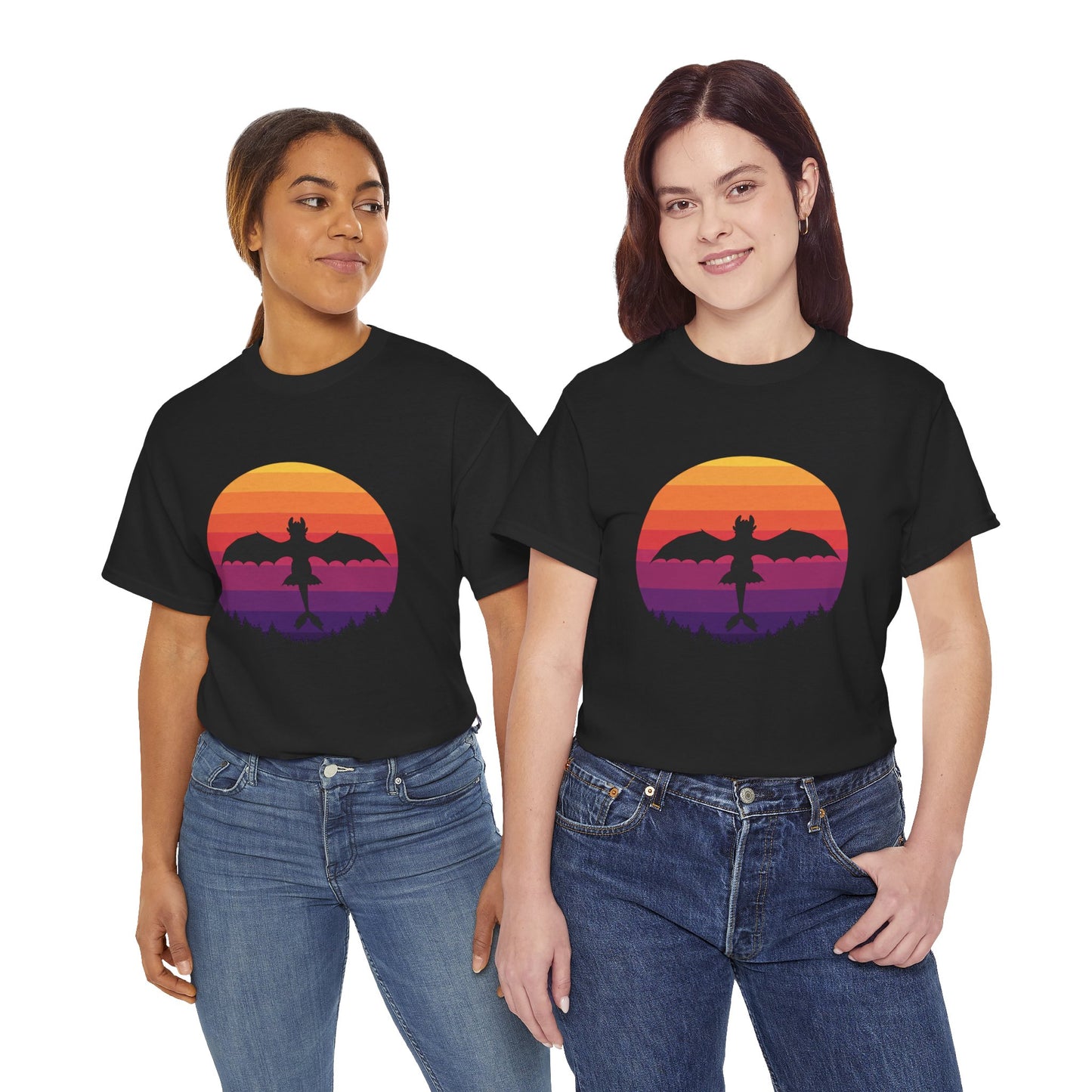 Night Dragon Sunset T-Shirt | Retro Dragon Silhouette Tee | Fantasy Dragon Shirt | Unisex Graphic Tee | Gift for Dragon Lovers