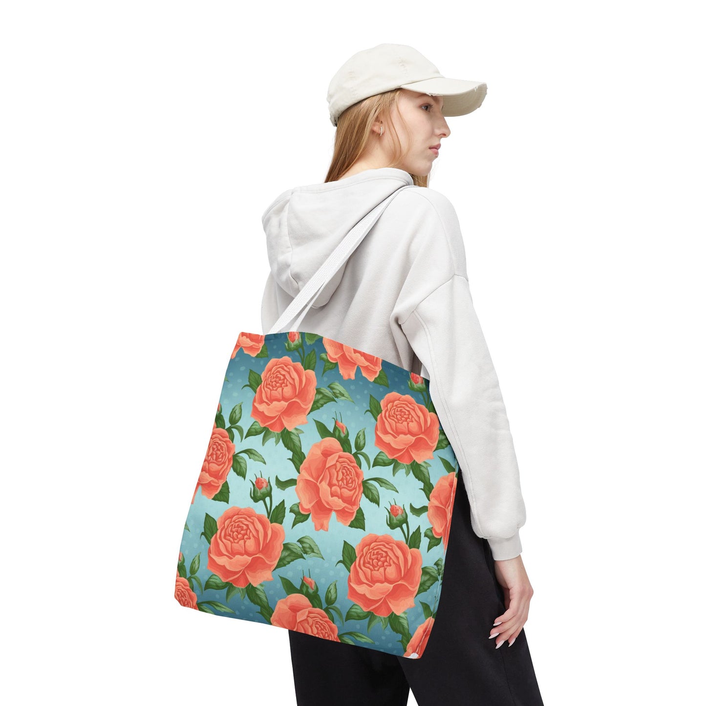 Vintage Floral Tote Bag – Coral Rose Pattern on Blue Background – Aesthetic Everyday Carry Bag – Reusable Fabric Market Tote Gift