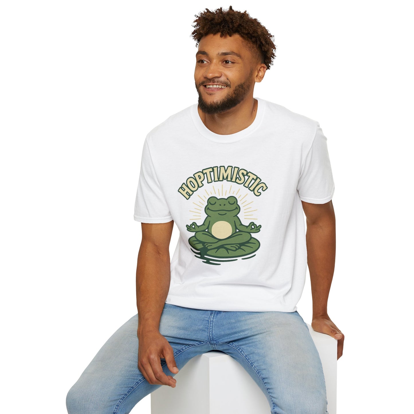 HOPTIMISTIC Relaxed Zen Frog T-Shirt • Cute Animal Graphic Tee • Mindful Yoga Frog Humor • Unisex Gift • Nature Lover Shirt