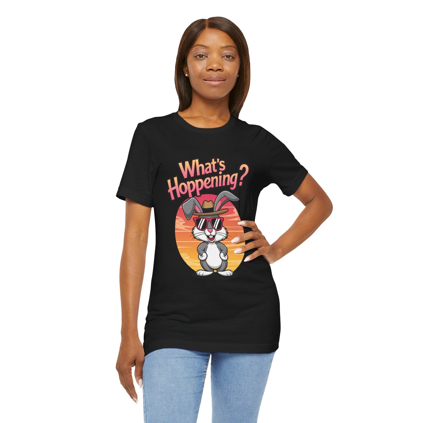 What’s Hoppening Funny Bunny Shirt – Cute Rabbit Pun T-Shirt – Sunset Graphic Tee for Animal Lovers, Easter, and Pun Enthusiasts