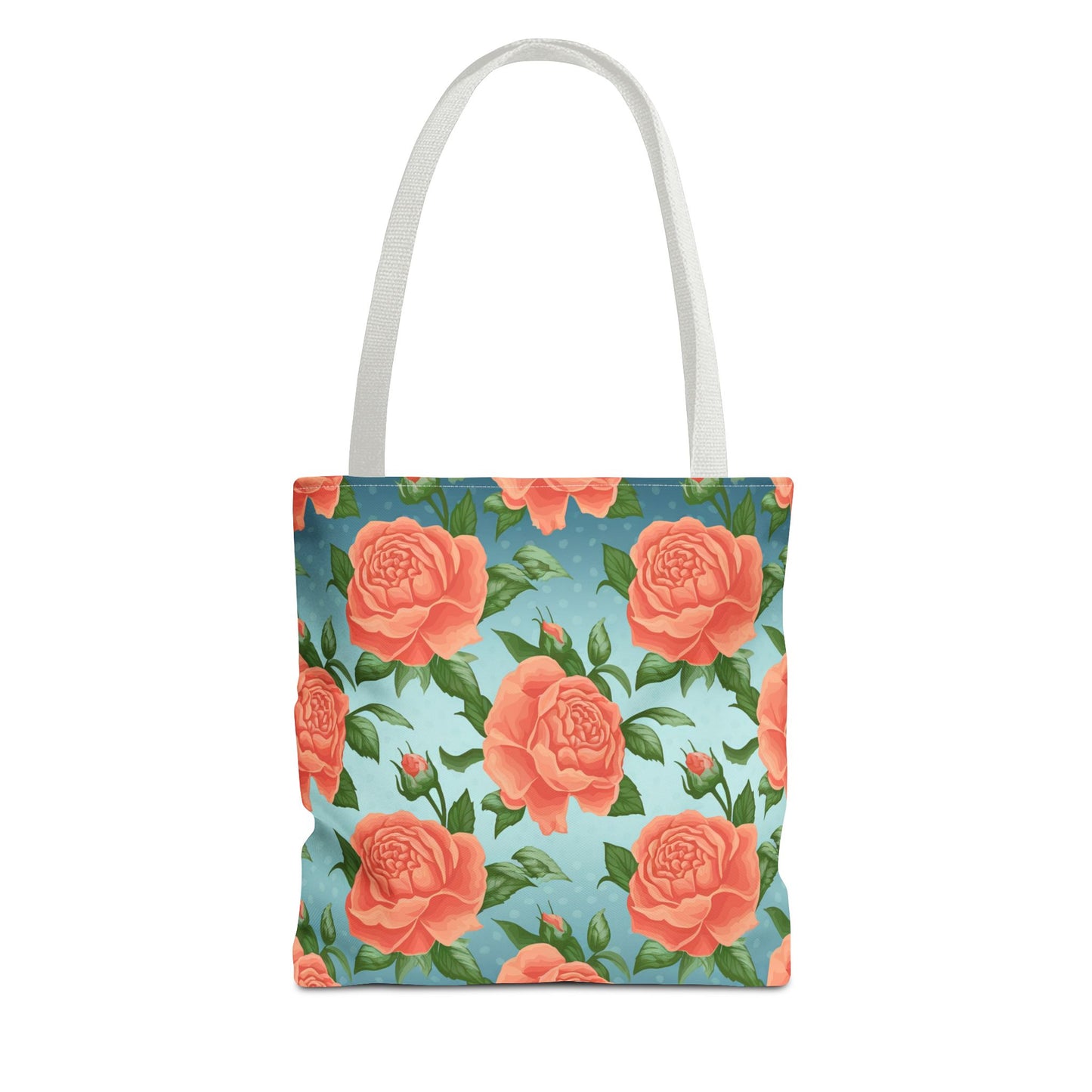 Vintage Floral Tote Bag – Coral Rose Pattern on Blue Background – Aesthetic Everyday Carry Bag – Reusable Fabric Market Tote Gift