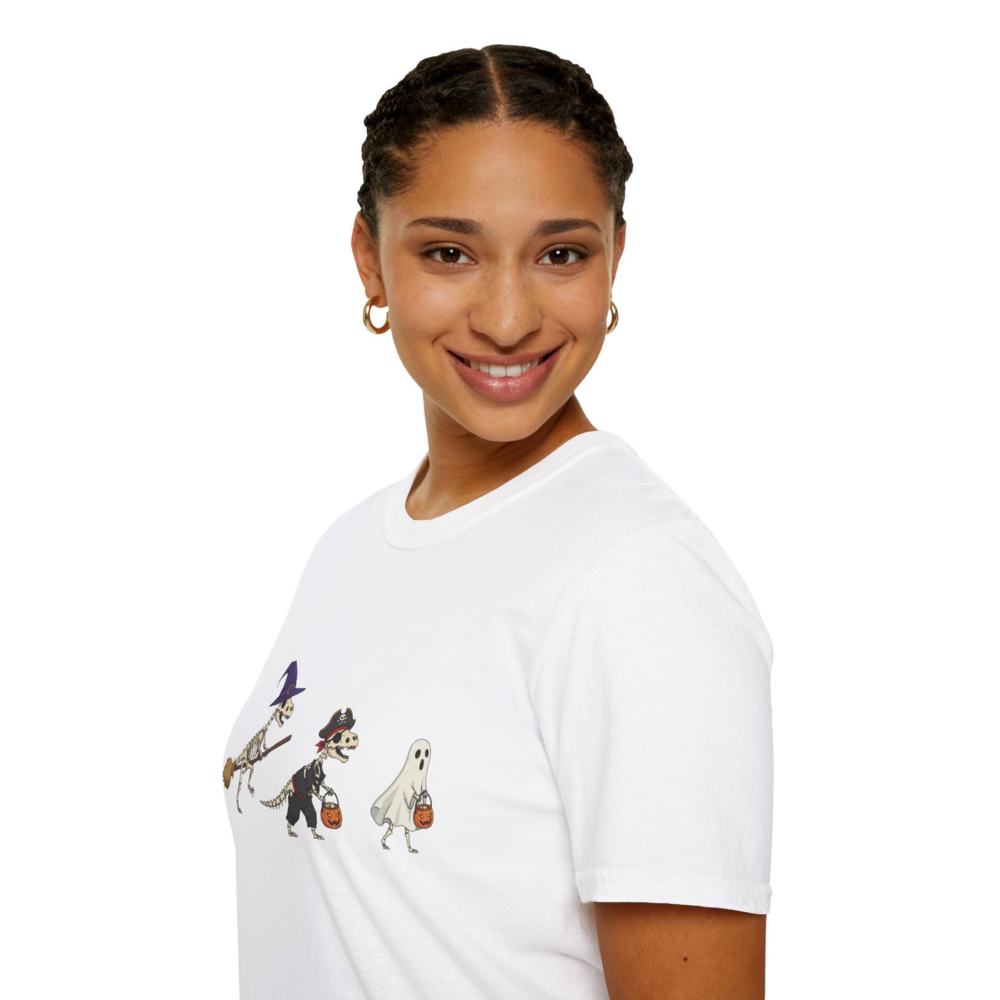 Halloween Dinosaur Skeleton Shirt - Trick-or-Treat Dino Tee, Funny T-Rex Ghost and Witch Costume Shirt, Spooky Cute Skeleton Tee, Unisex