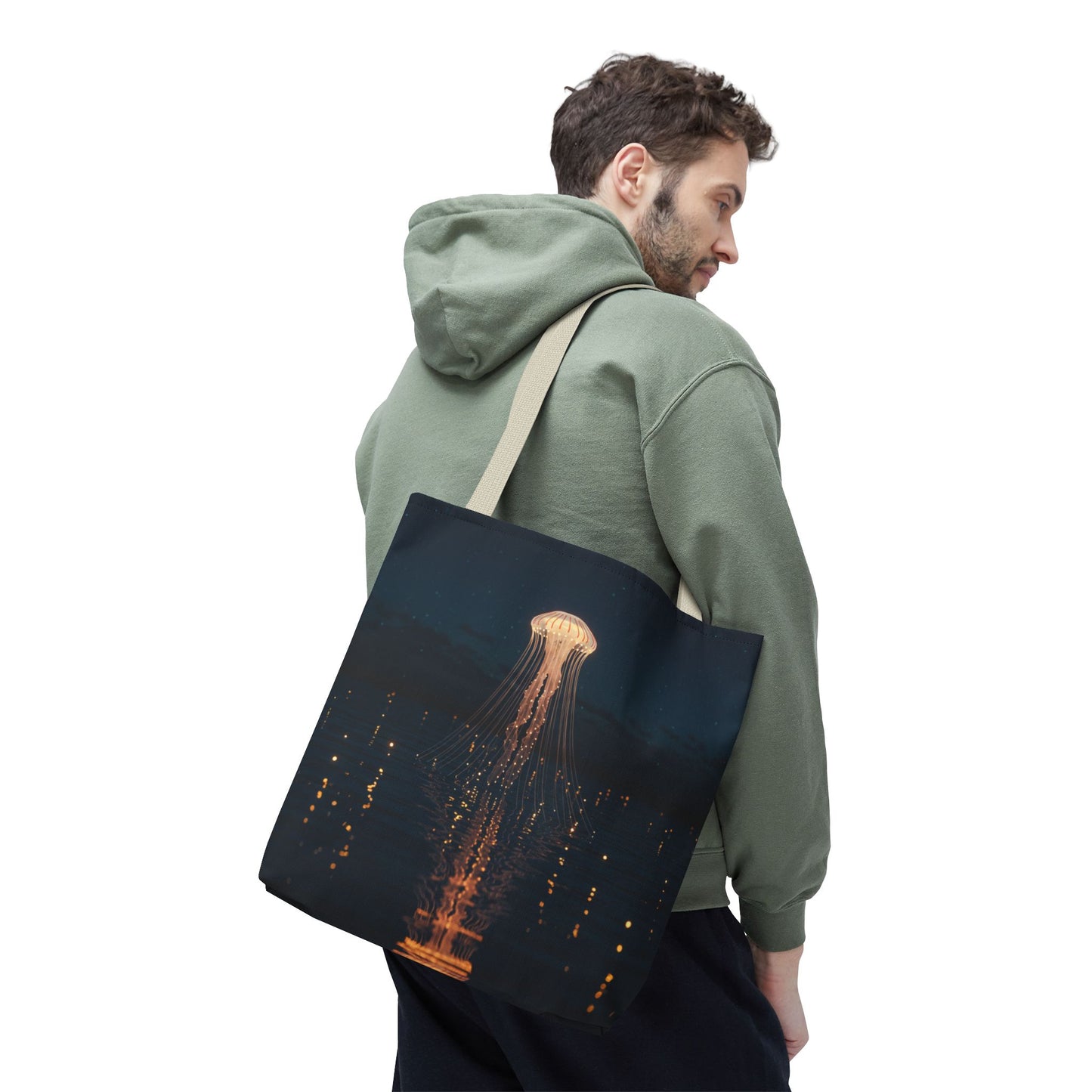 Luminous Jellyfish Tote Bag, Glow-Inspired Ocean Design Shoulder Bag, Durable Polyester Tote For Everyday Style, Gifts, And Coastal Fashion