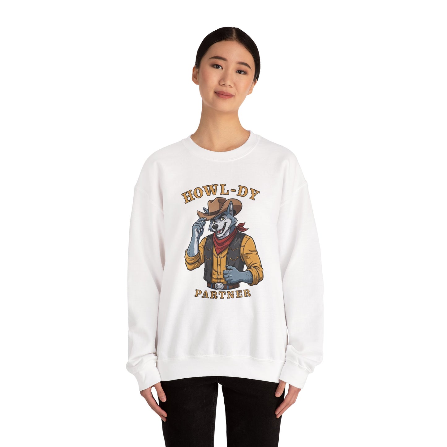 Howl-dy Partner Wolf Sweatshirt, Cowboy Werewolf Halloween Crewneck, Western Spooky Graphic Pullover for Animal Lover Gift Sweatshirt