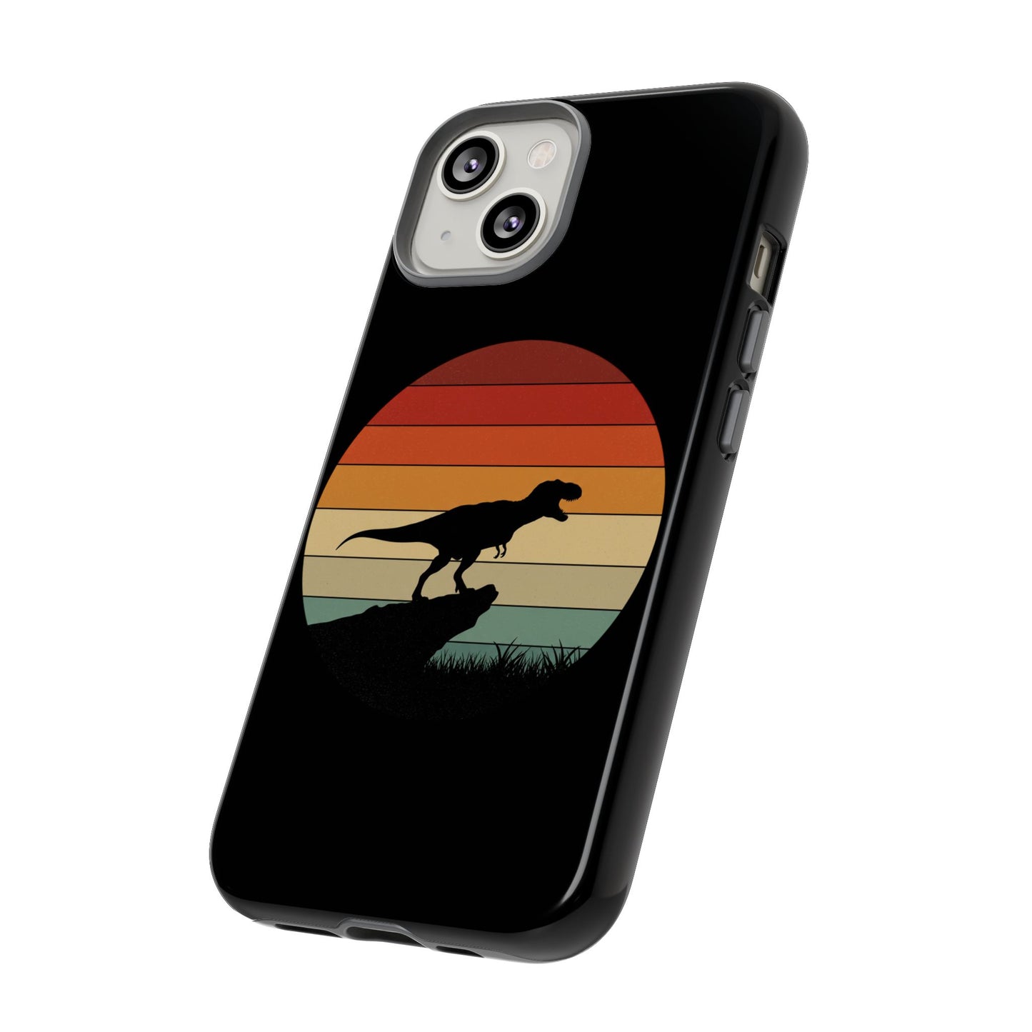 Retro Sunset Dinosaur iPhone Case | T‑Rex Silhouette Vintage Phone Cover for iPhone 14/15/16 Pro | Aesthetic Dinosaur Gift