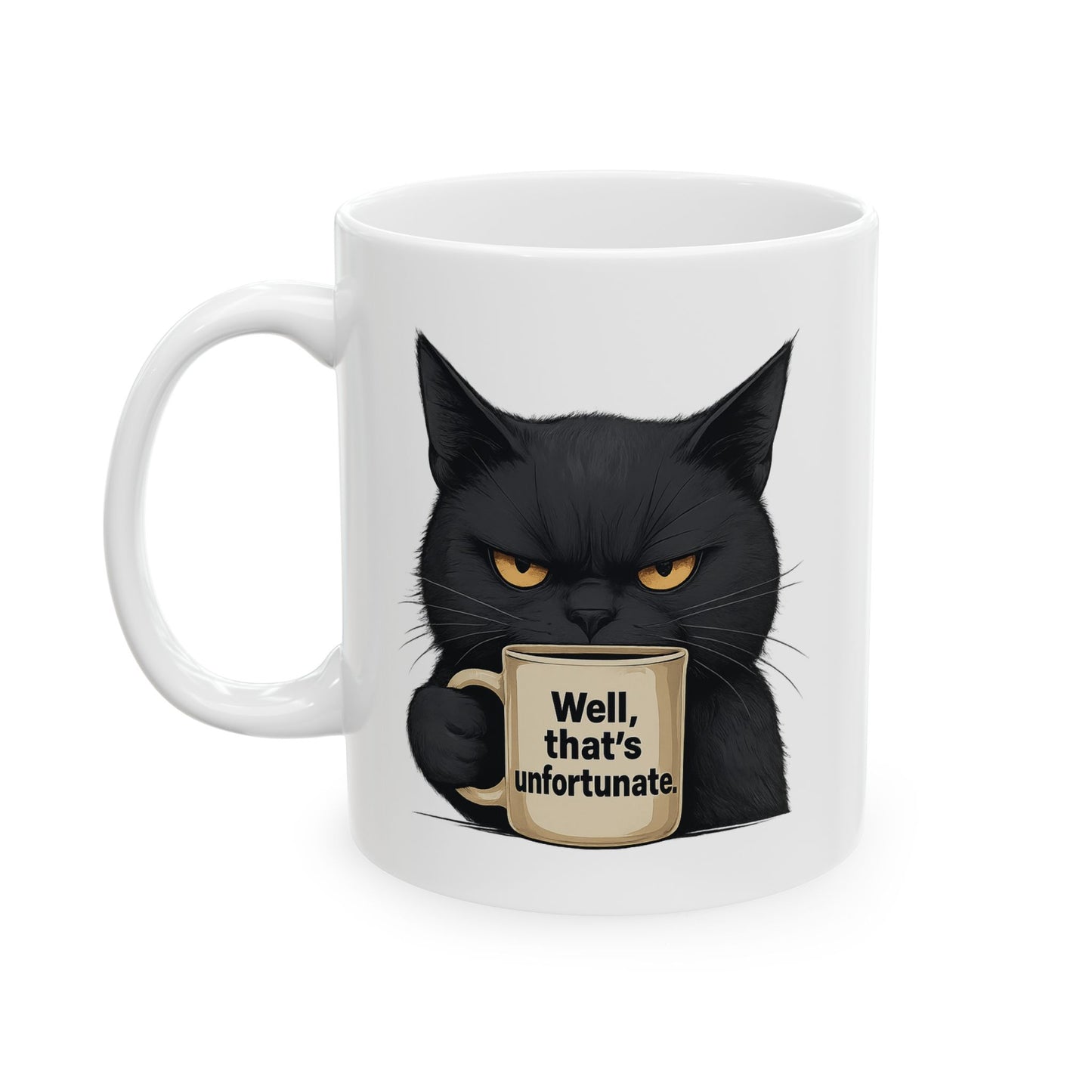 Sarcastic Black Cat Coffee Mug 11 oz or 15oz - “Well, thats unfortunate.” Funny Grumpy Cat Meme Gift, Office Humor, Tea Cup, Sarcasm Lover
