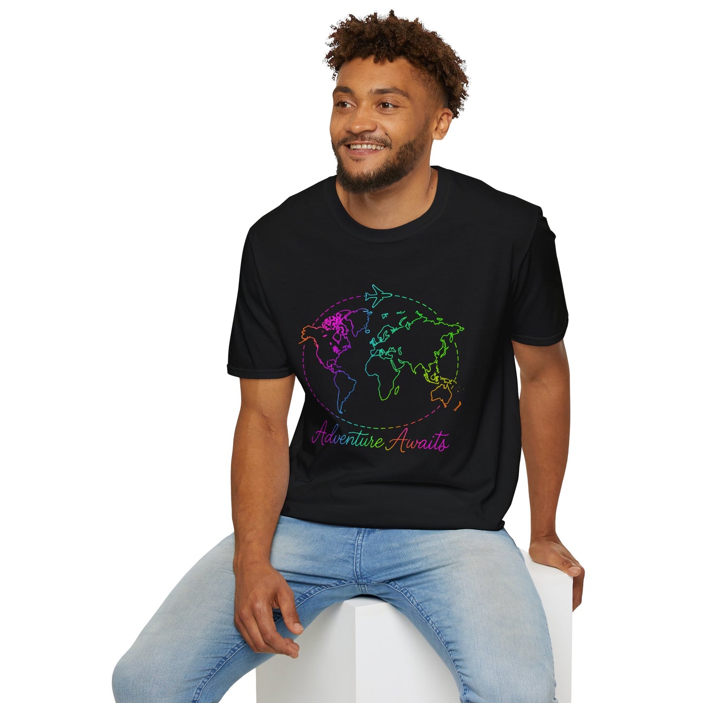 Adventure Awaits Neon Y2K Shirt - Retro Travel Tee, Rainbow Globe Graphic, Aesthetic Vacation Top, Y2K Gift for Travelers
