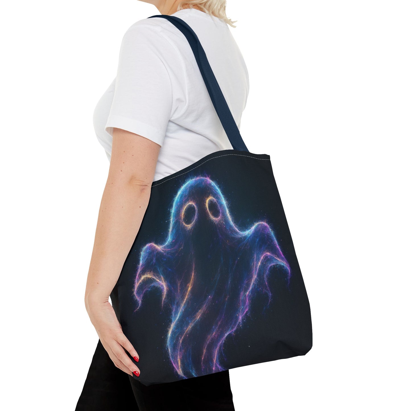 Neon Ghost Tote Bag, Spooky Halloween Canvas Tote, Glowing Cosmic Ghost Design Bag, Reusable Trick Or Treat Tote, Gothic Gift Accessory