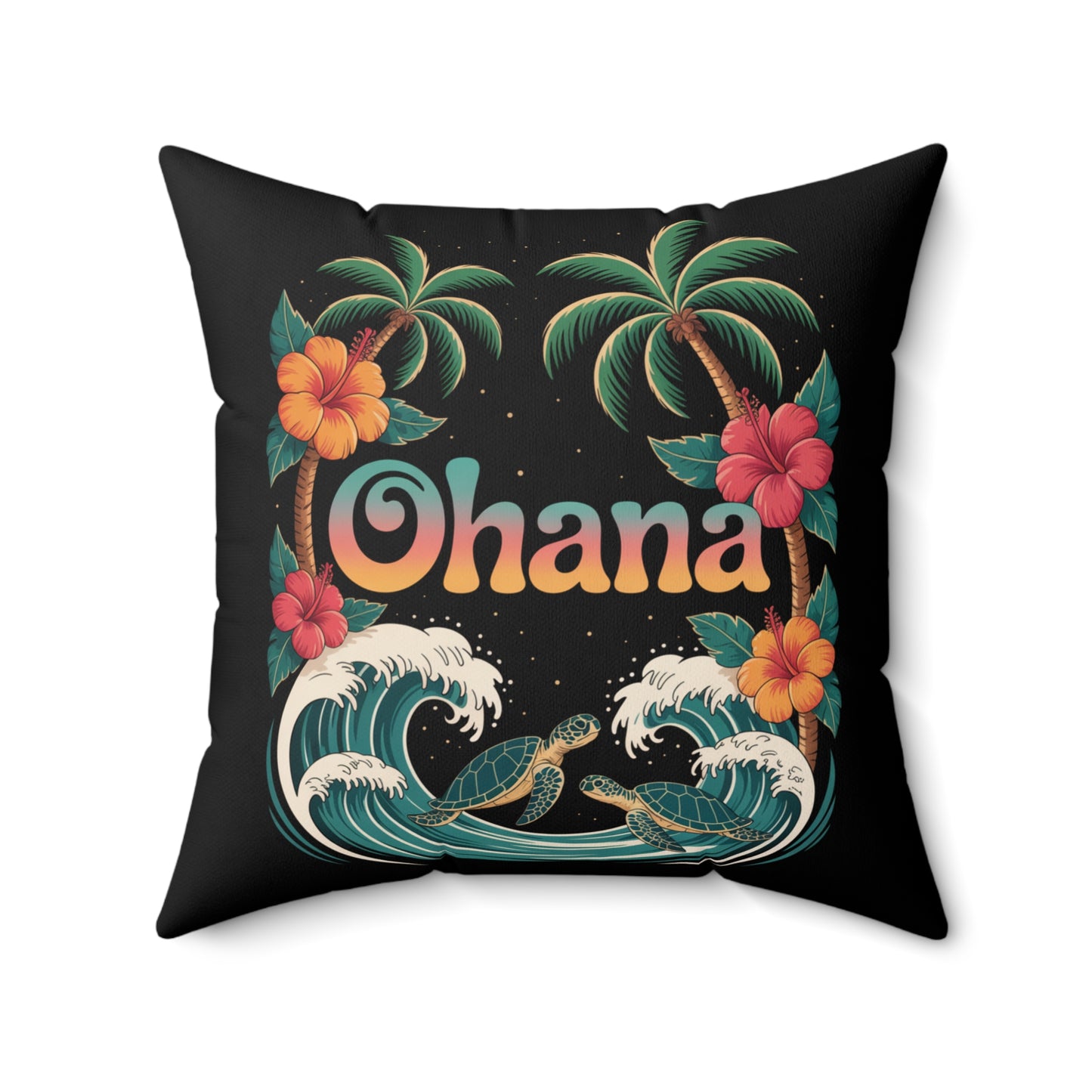 Ohana Pillow Hawaiian Decor | Tropical Throw Pillow with Turtles, Palm Trees & Flowers | Beach Vibes Home Gift Idea