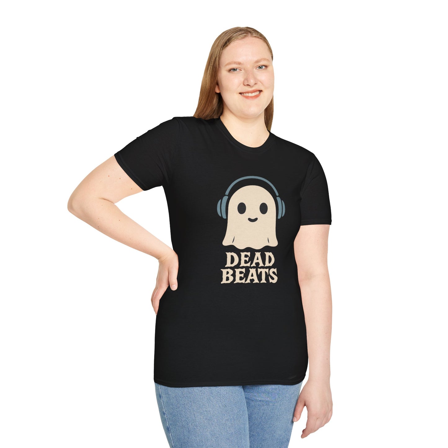 Dead Beats Ghost T-Shirt - Funny Music Halloween Shirt - Cute Ghost with Headphones Tee - Gift for DJs, Musicians and Spooky Season