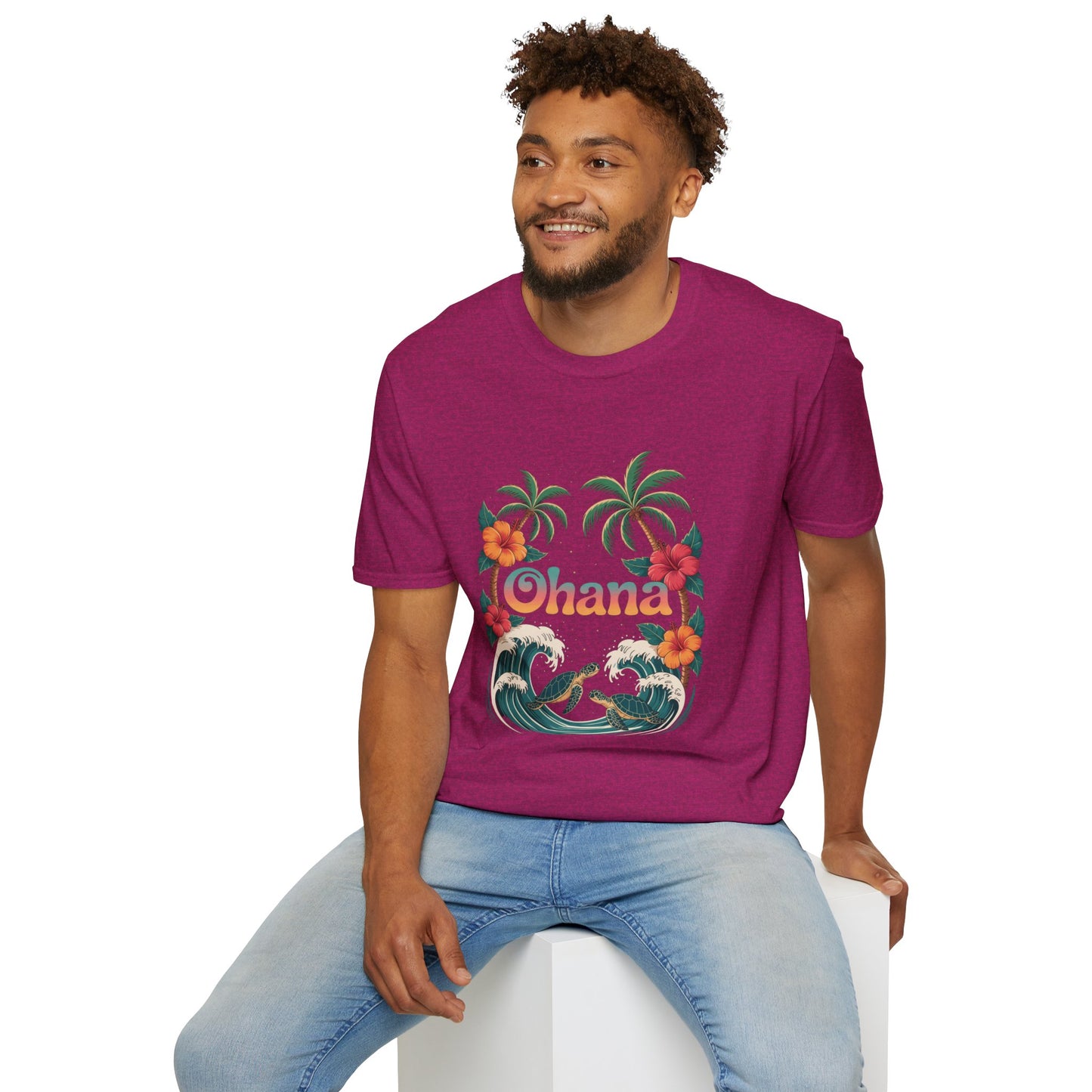 Ohana Shirt - Retro Hawaiian Sea Turtle & Palm Tree Graphic Tee - Tropical Beach Family Gift, Summer Vacation Aesthetic T-Shirt