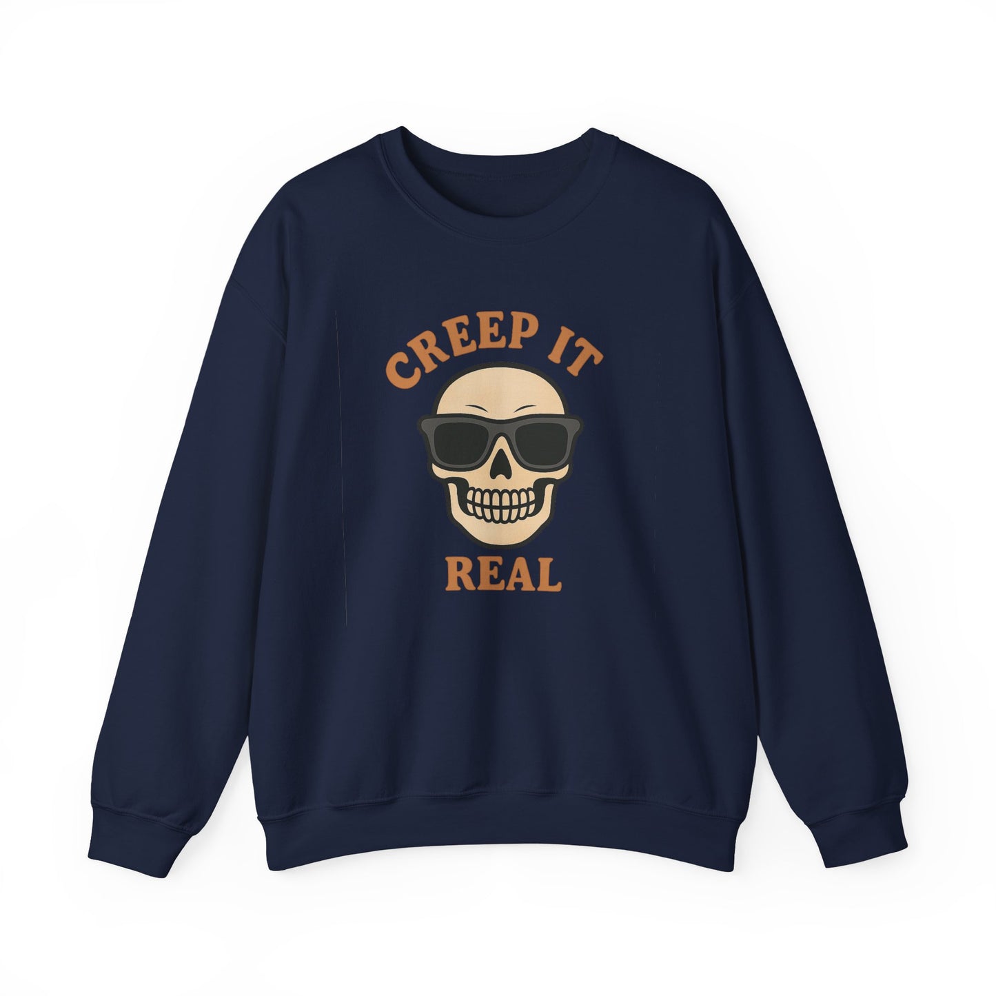 Creep It Real Skull Sweatshirt, Funny Halloween Skull Crewneck, Spooky Skeleton Pullover, Dark Graphic Sweatshirt, Unisex Halloween Gift