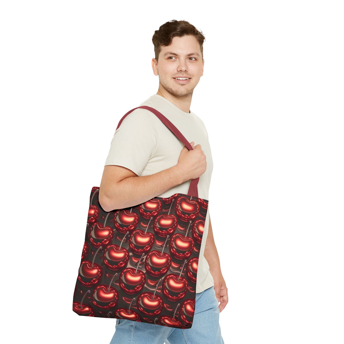 Glossy Cherry Pattern Canvas Tote Bag – Retro Black & Red Cherry Print, Coquette Cottagecore Aesthetic Shopper Tote, Fruit Lover Gift