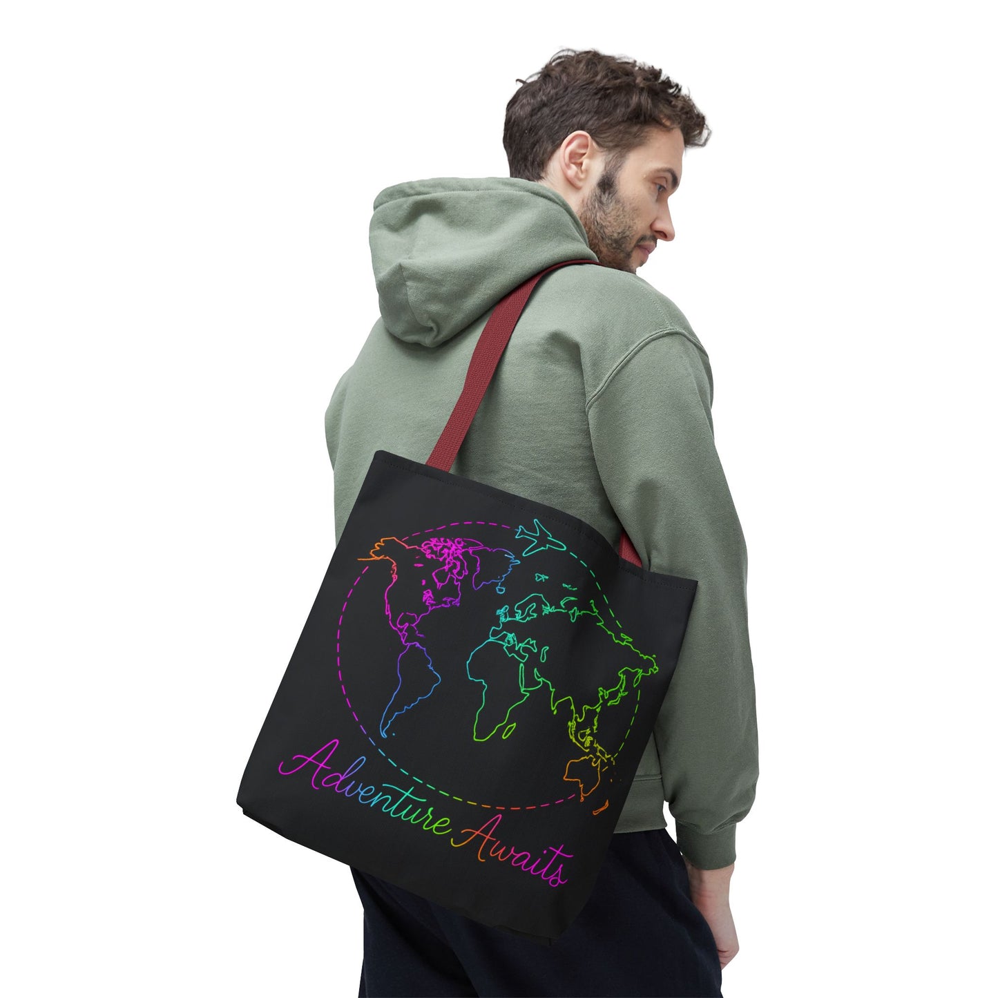 Adventure Awaits Neon Tote Bag - Y2K Rainbow World Map and Plane Travel Tote, Reusable Canvas Tote for Airport, Beach, Market + Gift