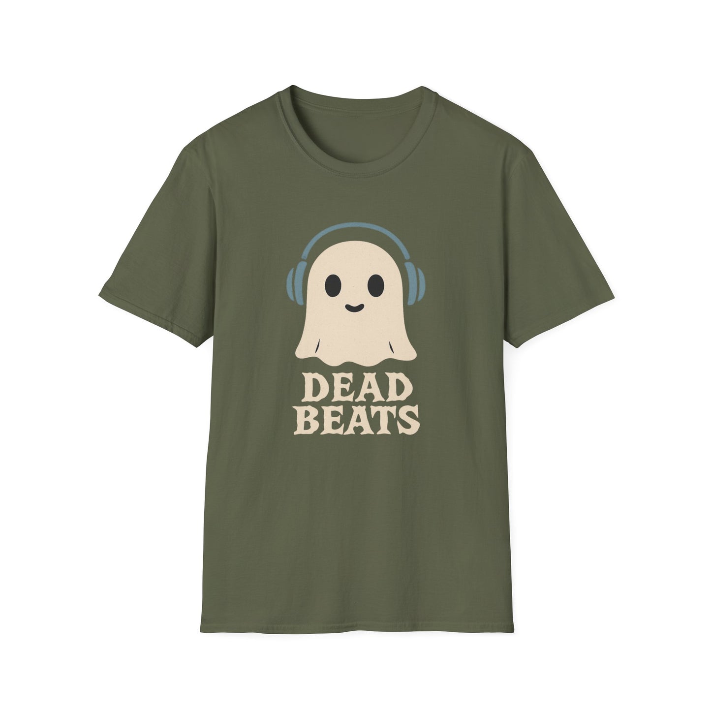 Dead Beats Ghost T-Shirt - Funny Music Halloween Shirt - Cute Ghost with Headphones Tee - Gift for DJs, Musicians and Spooky Season