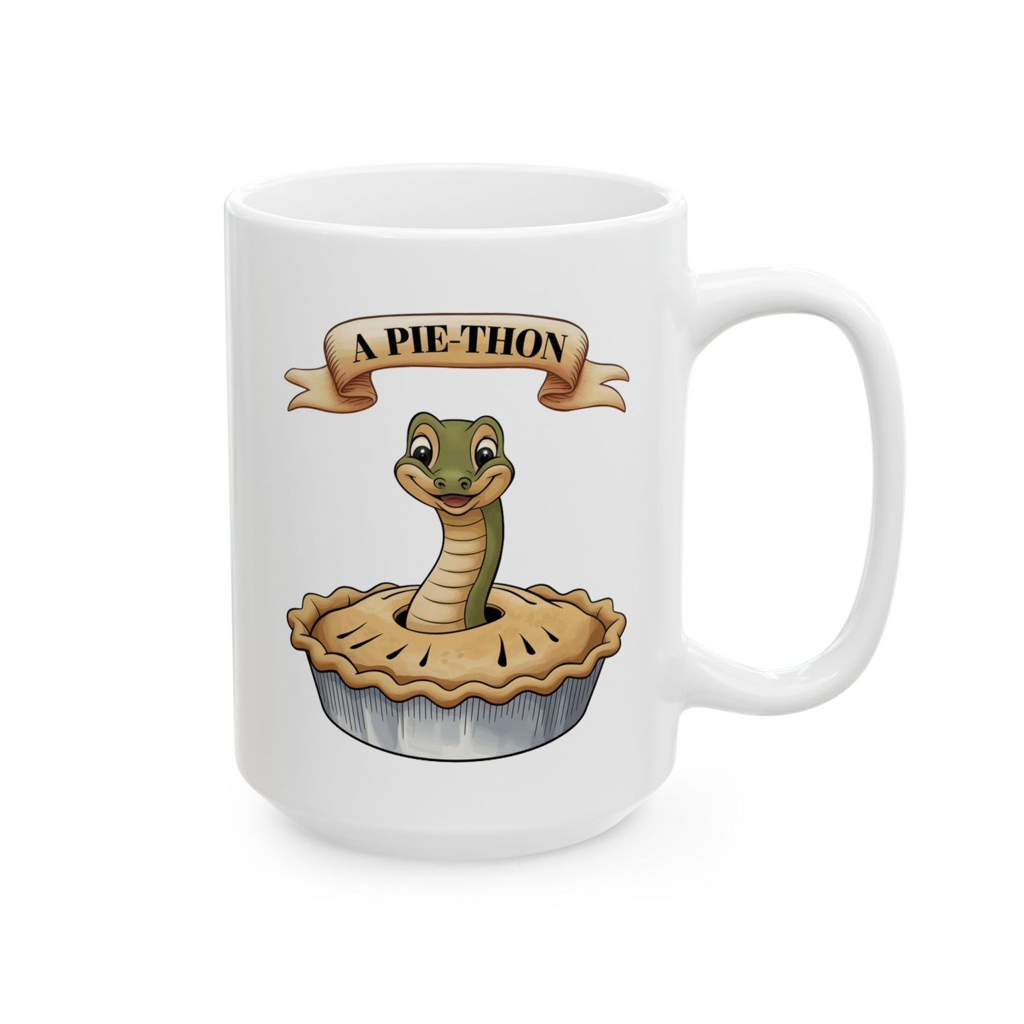 Pie-Thon Snake Mug - Funny Python Pie Pun Mug, Quirky Animal Cartoon Ceramic Coffee Cup, Novelty Gift for Snake Lovers & Bakery Fans
