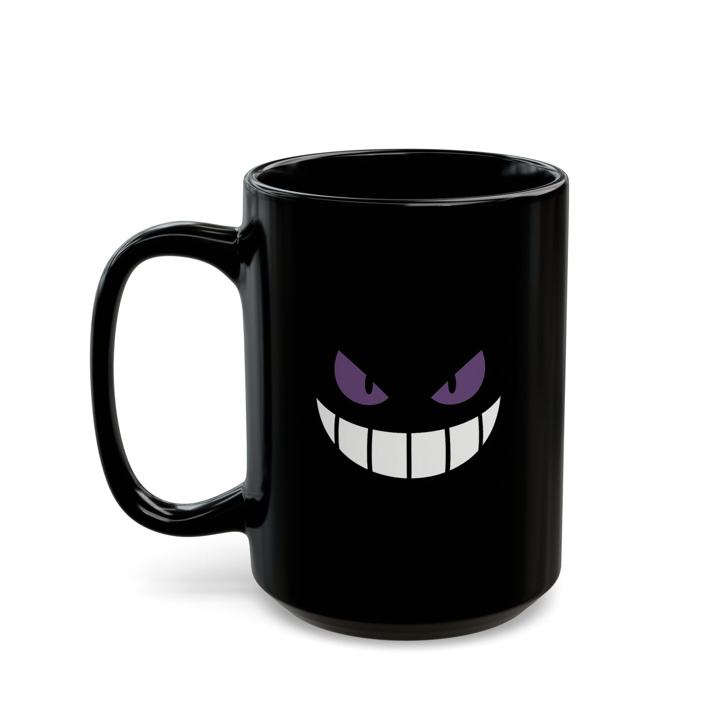 Mischievous Purple Eyes Mug - Black Coffee Cup with Spooky Grin - Cute Yet Creepy Gift for Gamers, Anime Fans, and Coffee Lovers