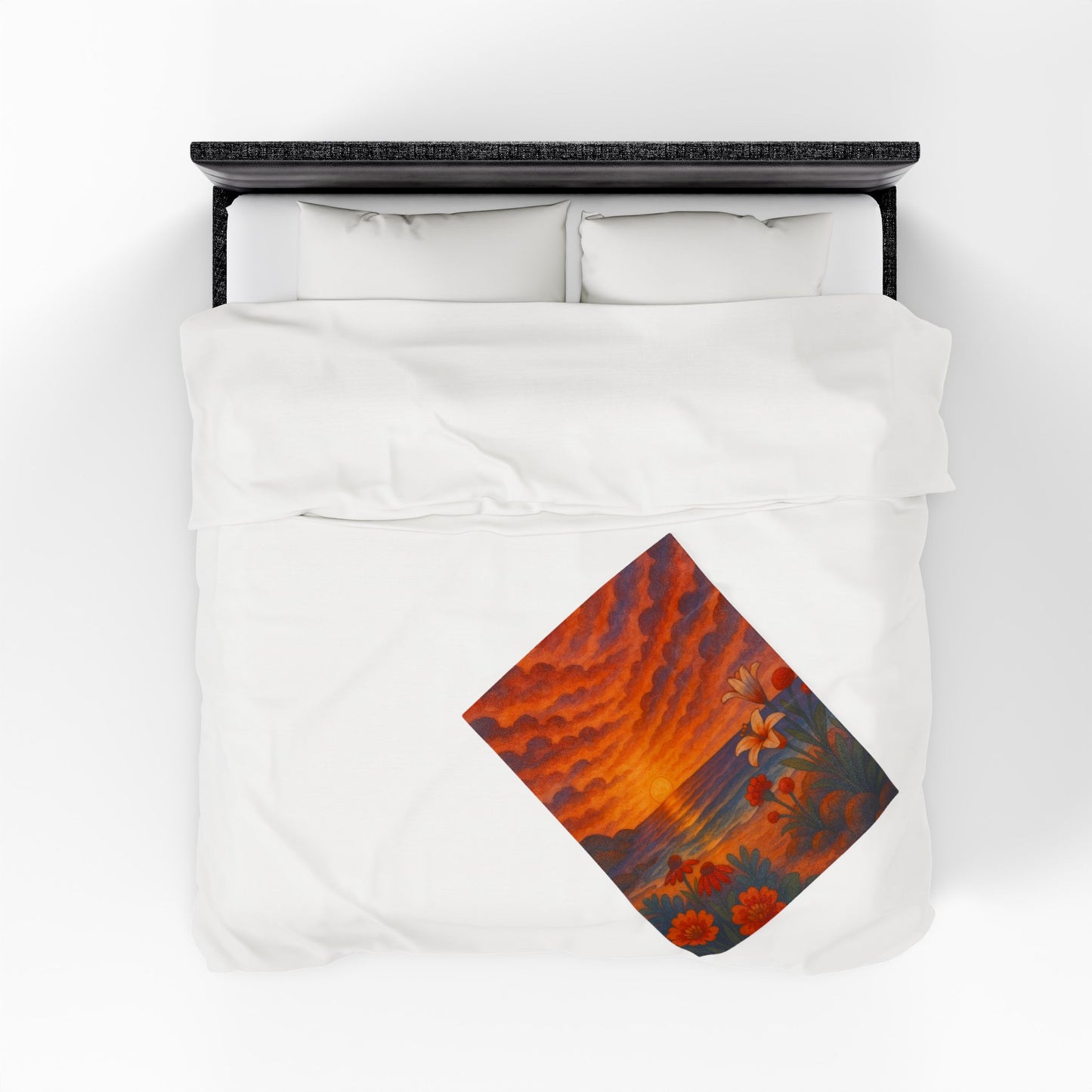 Sunset Floral Blanket – Cozy Beach Sunset Throw with Flowers | Colorful Velveteen Plush Blanket for Couch, Bed, or Gift