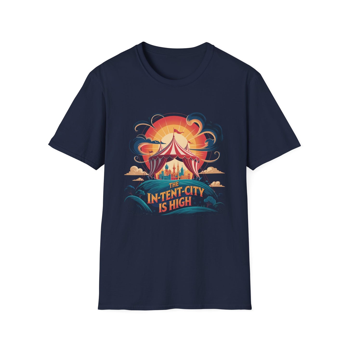 In-Tent-City Is High Retro Camp T-Shirt | Vintage Circus Tent + Cityscape Graphic | Funny Outdoors Urban Adventure Tee | Unisex Camper Shirt