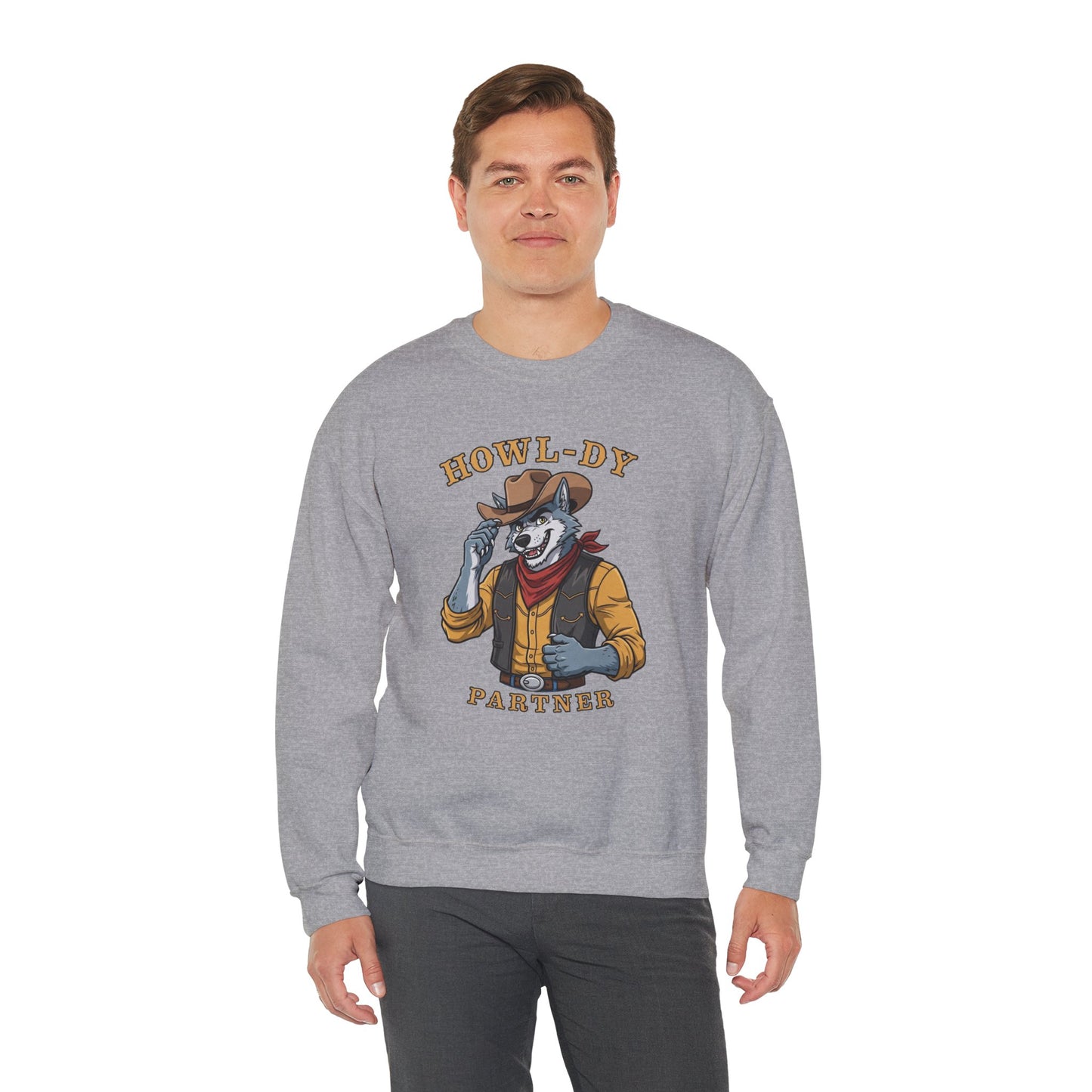 Howl-dy Partner Wolf Sweatshirt, Cowboy Werewolf Halloween Crewneck, Western Spooky Graphic Pullover for Animal Lover Gift Sweatshirt