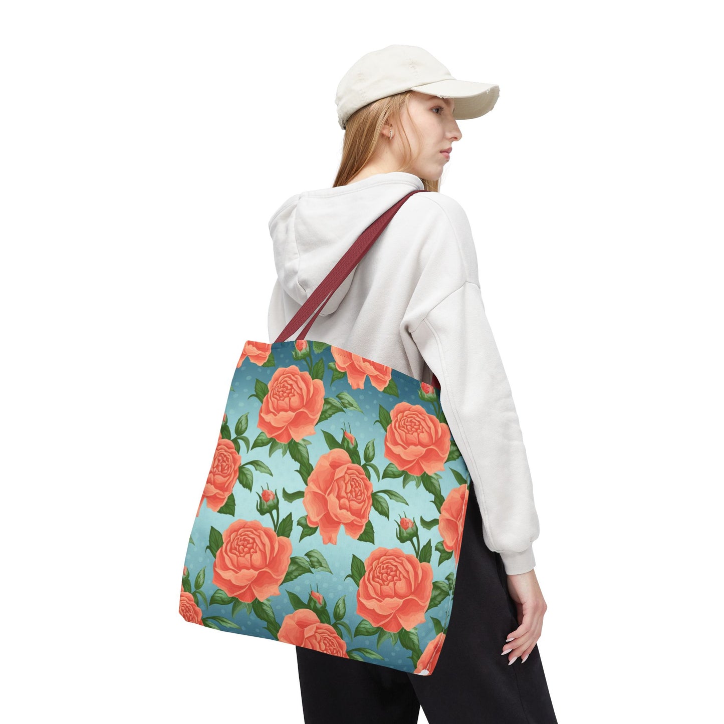 Vintage Floral Tote Bag – Coral Rose Pattern on Blue Background – Aesthetic Everyday Carry Bag – Reusable Fabric Market Tote Gift