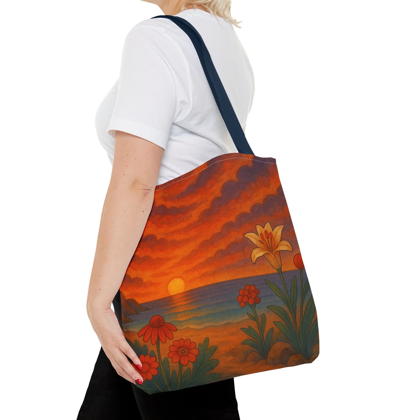 Retro Sunset Tote Bag with Wildflowers – Vibrant Floral Landscape Art, Nature-Inspired Reusable Bag, 70s Style Summer Accessory