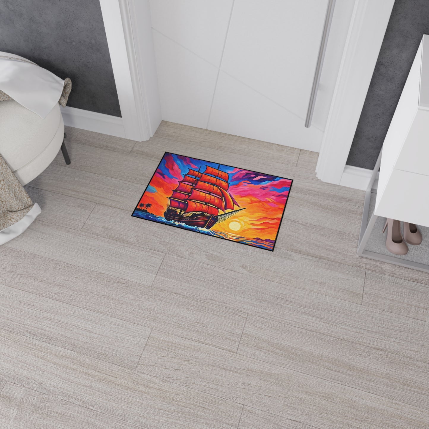 Floor Mat - Ship on Ocean at Sunset Painting