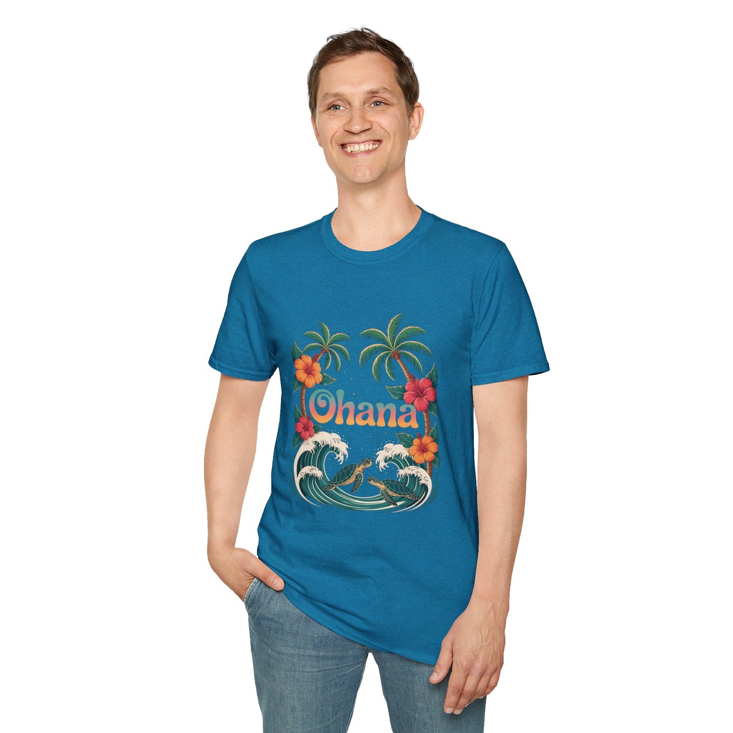 Ohana Shirt - Retro Hawaiian Sea Turtle & Palm Tree Graphic Tee - Tropical Beach Family Gift, Summer Vacation Aesthetic T-Shirt