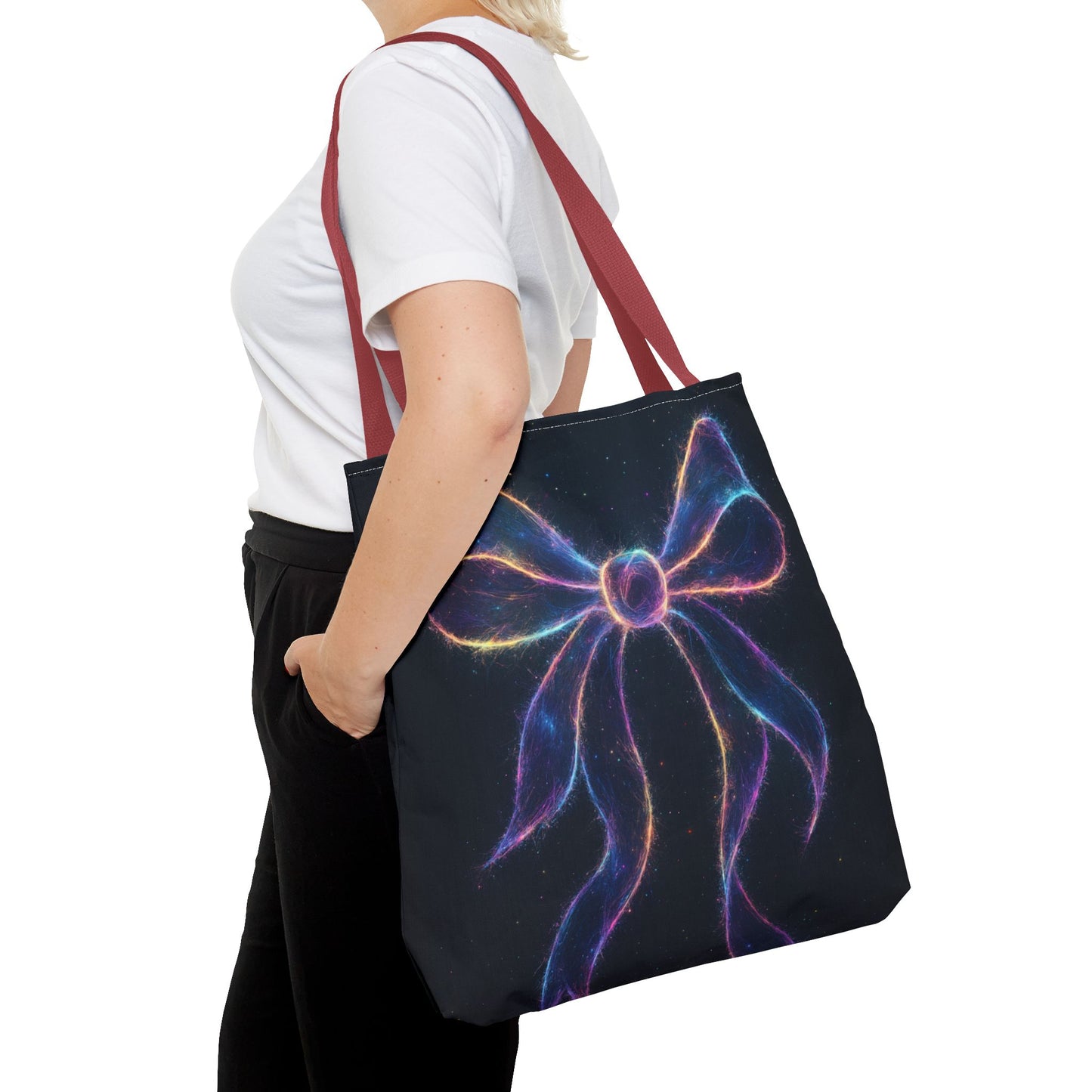 Galaxy Glow Bow Tote Bag, Cosmic Neon Ribbon Design, Black Space Art Bag, Celestial Gift For Her, Stylish Reusable Everyday Tote