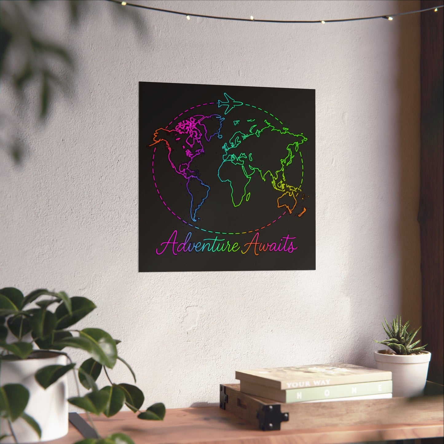 Adventure Awaits Neon Poster - Y2K Rainbow World Map and Plane Wall Art - Travel Aesthetic Decor for Office, Dorm, Bedroom + Gift