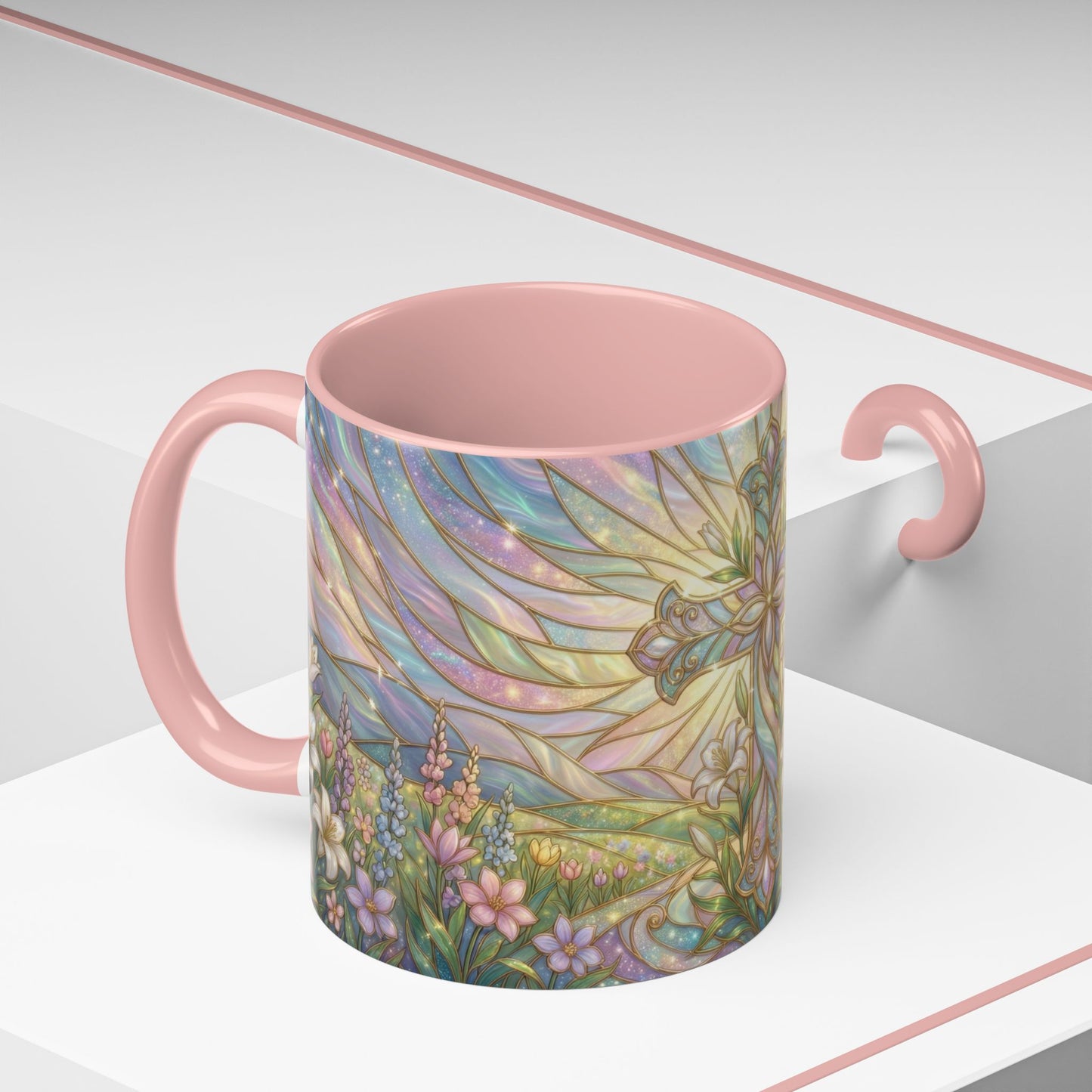 Stained Glass Cross Mug, Easter Lily Coffee Cup, Christian Religious Gift, Pastel Floral Faith Mug, Spring Believer Cup, Baptism Present