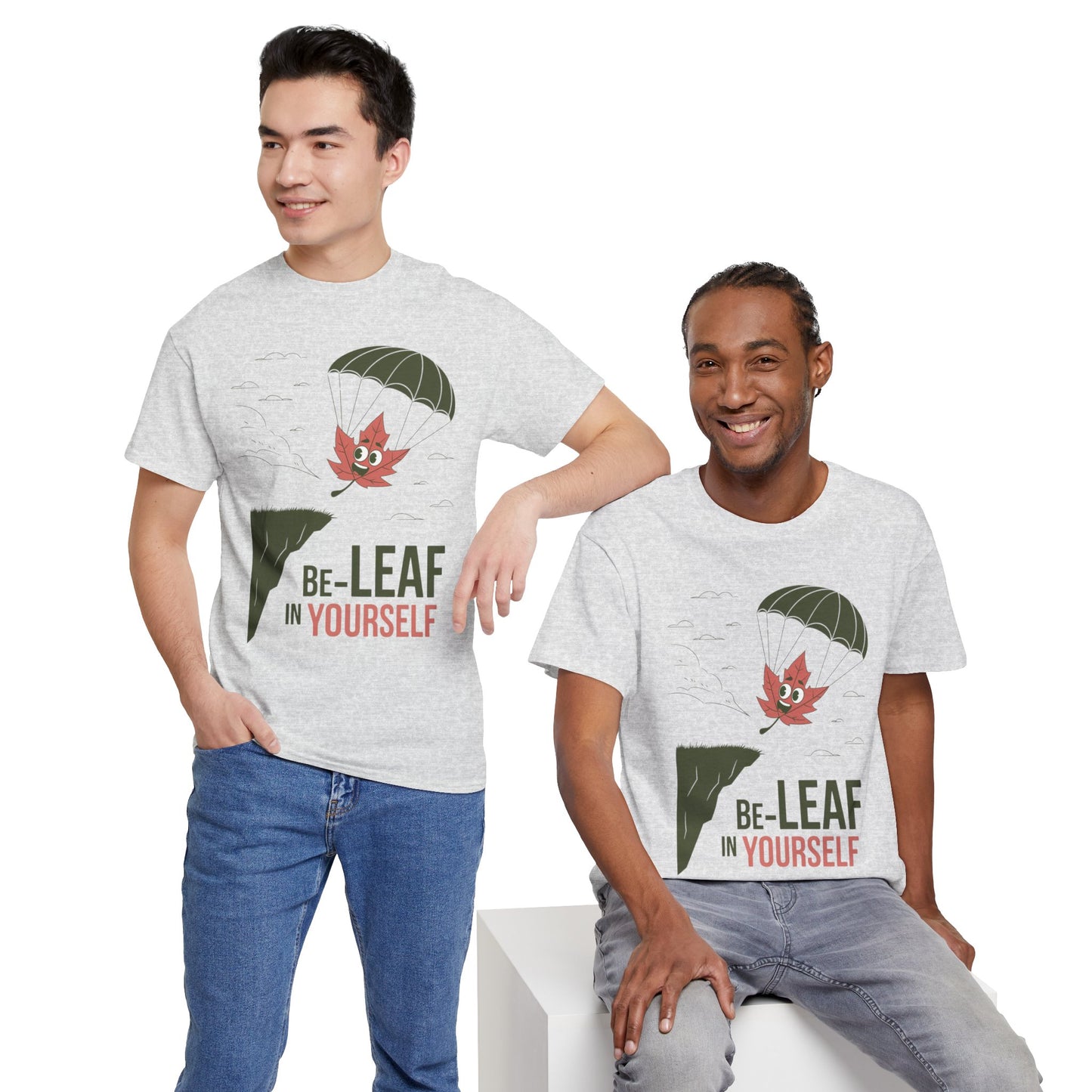 Be-Leaf In Yourself Maple Leaf Parachute T-Shirt | Funny Motivational Nature Graphic Tee | Self-Love Fall Autumn Shirt | Outdoorsy Gift
