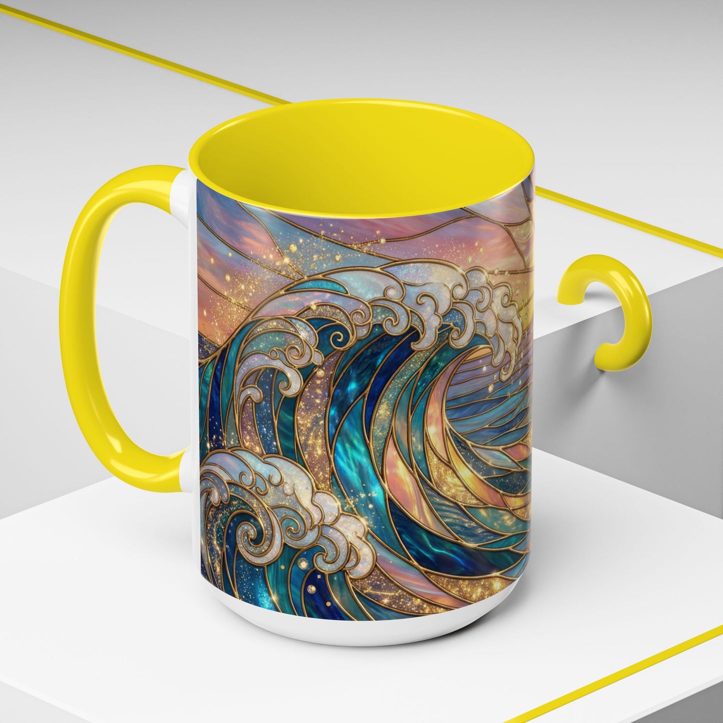 Stained Glass Ocean Wave Mug, Sunrise Beach Coffee Cup, Japanese Art Gift, Coastal Decor Kitchen, Mosaic Sea Tea Cup, Blue Gold Nature Lover