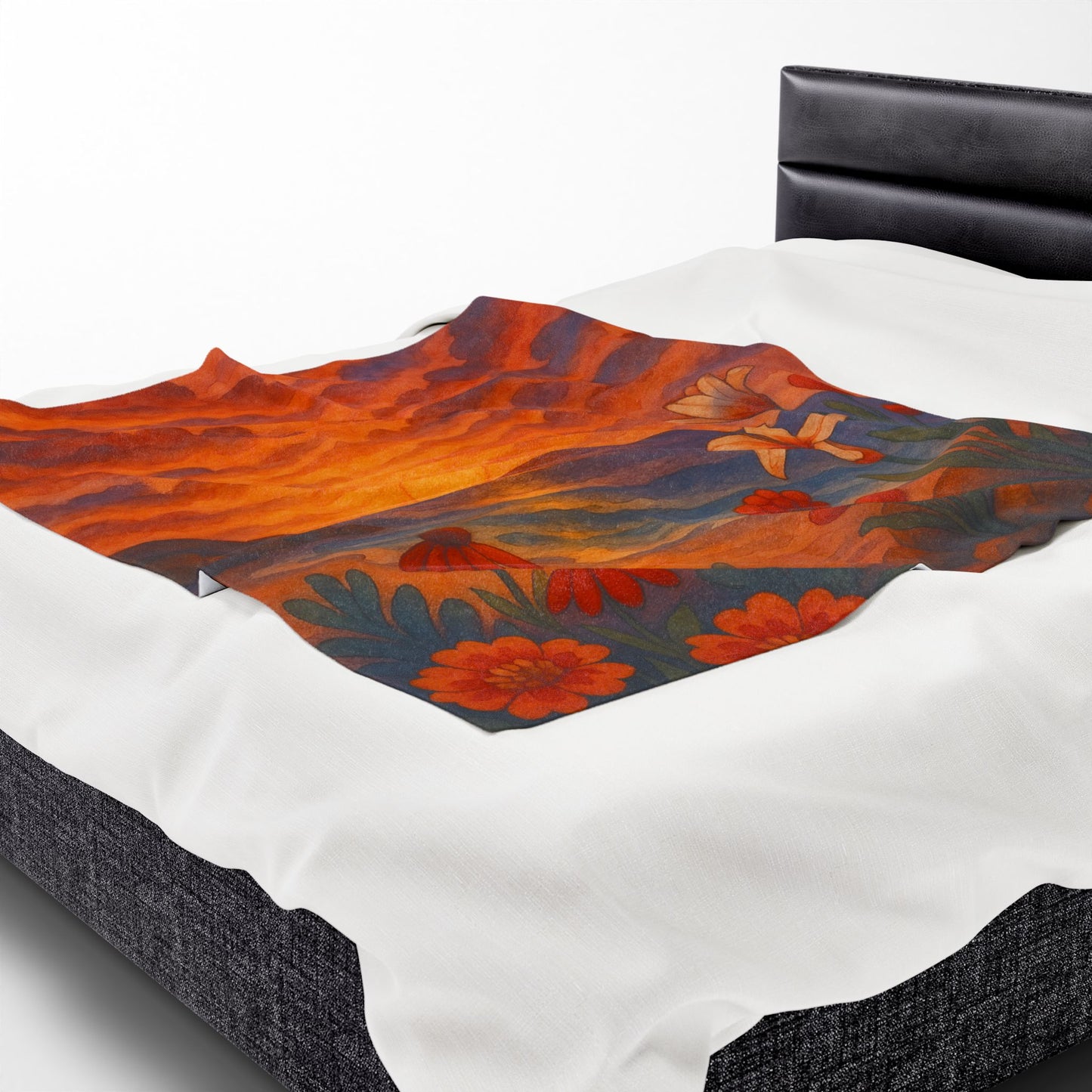 Sunset Floral Blanket – Cozy Beach Sunset Throw with Flowers | Colorful Velveteen Plush Blanket for Couch, Bed, or Gift