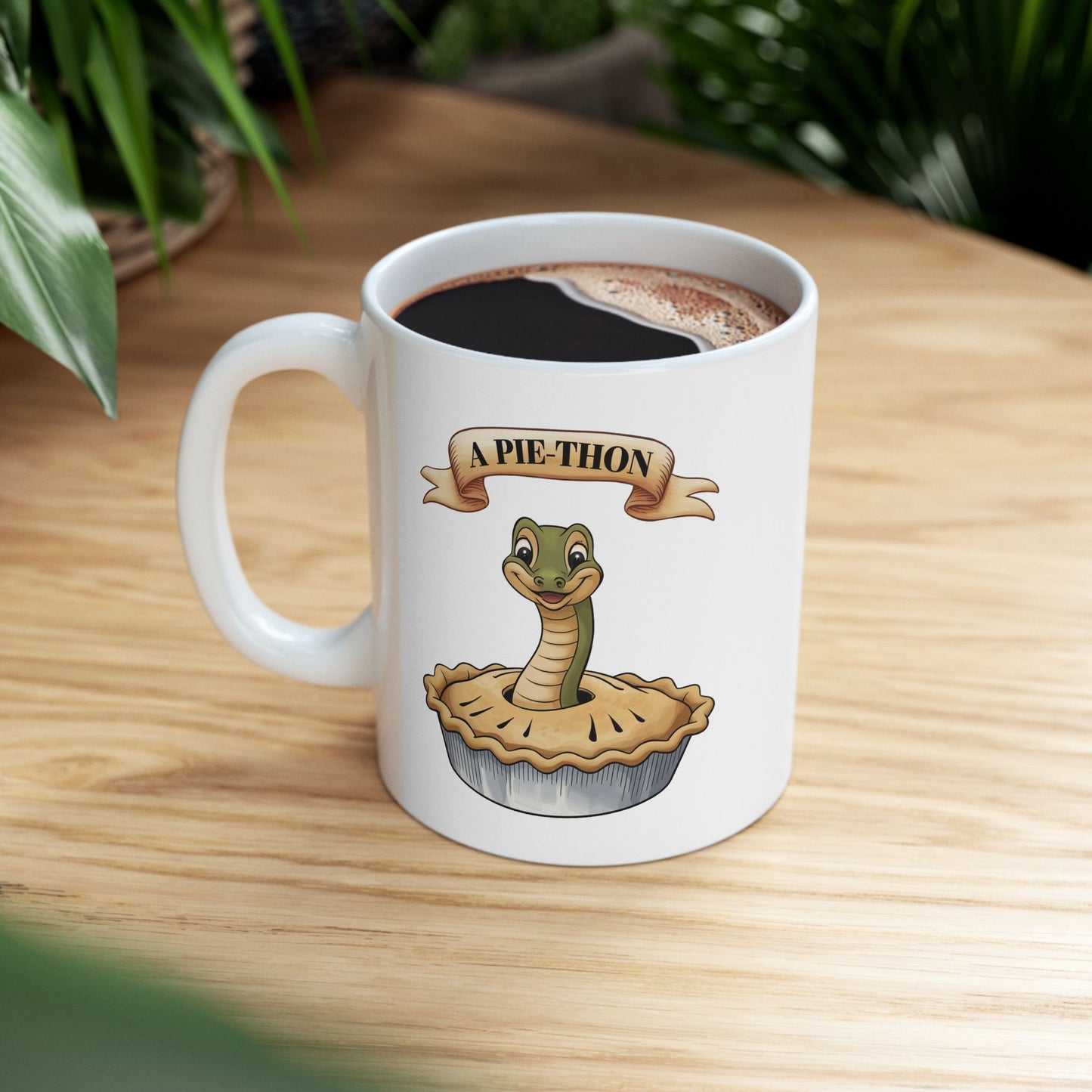 Pie-Thon Snake Mug - Funny Python Pie Pun Mug, Quirky Animal Cartoon Ceramic Coffee Cup, Novelty Gift for Snake Lovers & Bakery Fans