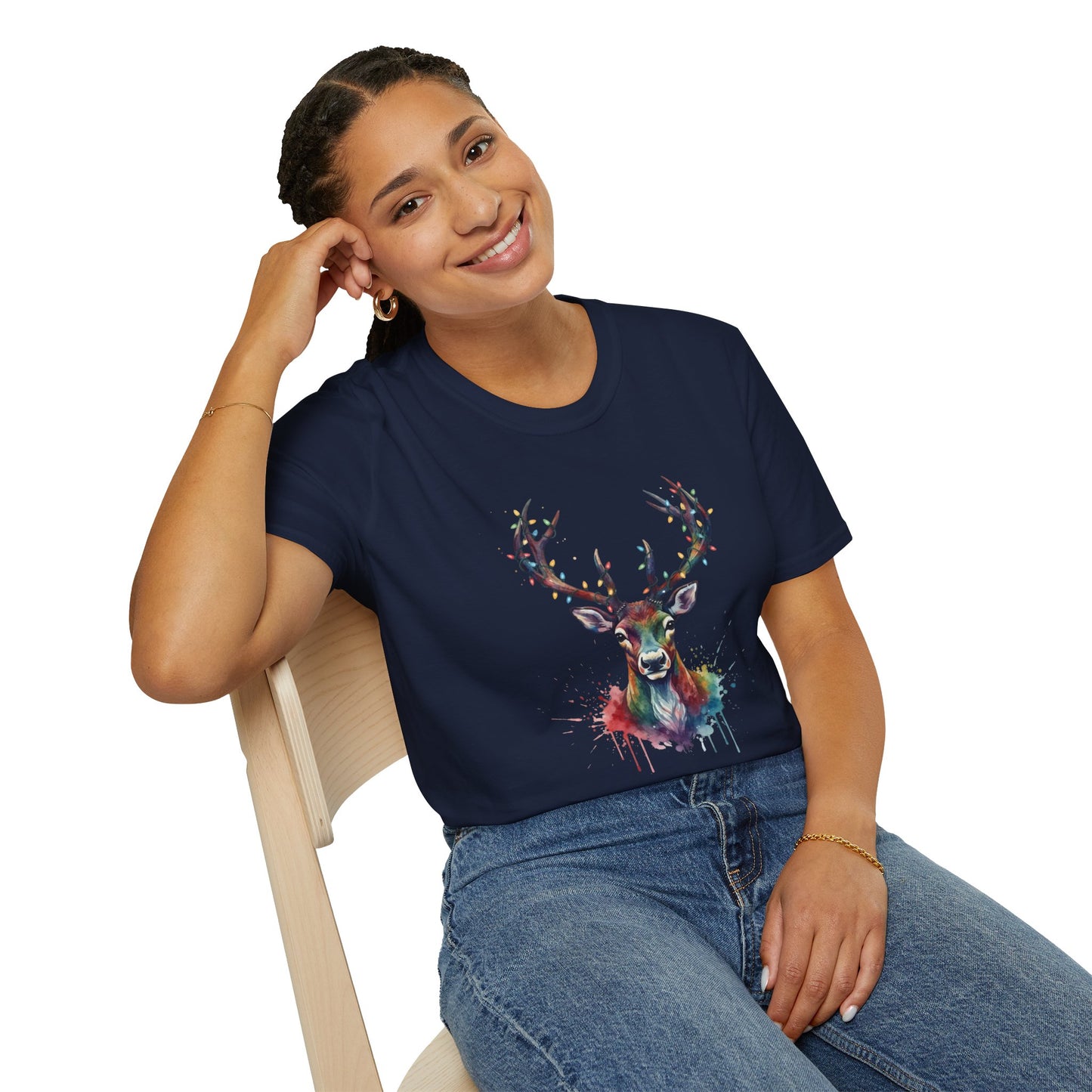 Christmas Deer Shirt, Watercolor Buck T-Shirt, Deer With Christmas Lights Tee, Holiday Wildlife Art Shirt, Colorful Deer Head Xmas Tee
