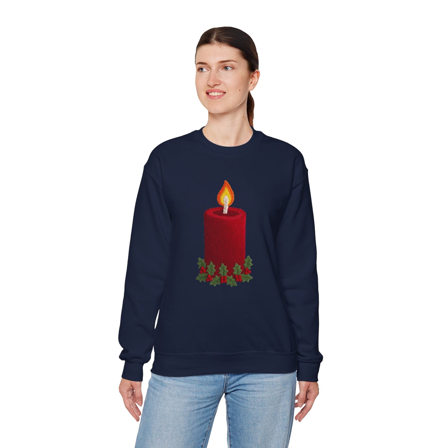 Faux Patchwork Crochet Candle Sweatshirt, Christmas Candle Sweater, Holiday Cozy Winter Crewneck, Cute Xmas Candle Sweatshirt, Unisex Holiday Top