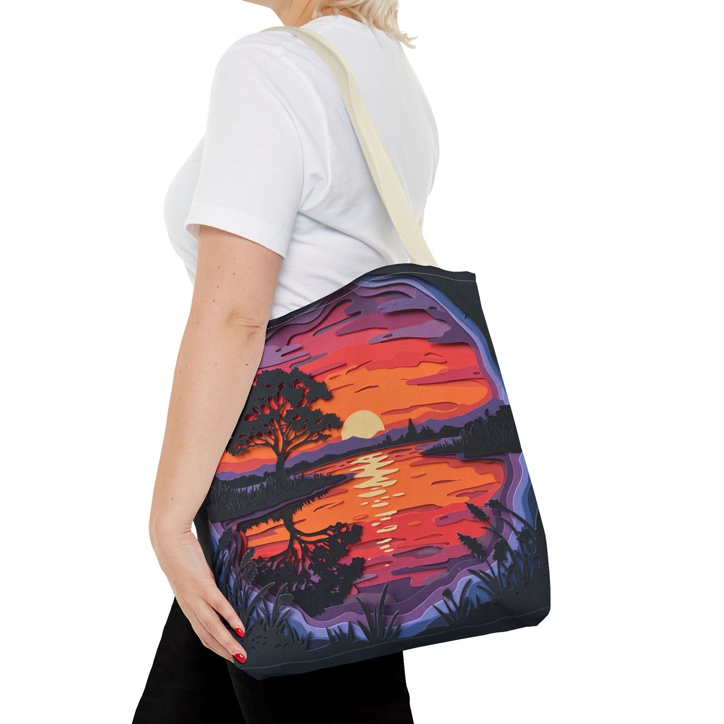 Sunset Landscape Canvas Tote Bag – Paper‑Art Inspired Nature Scene Tote – Colorful Sunset Market Tote, Eco Reusable Beach Bag, Vibrant Gift for Her