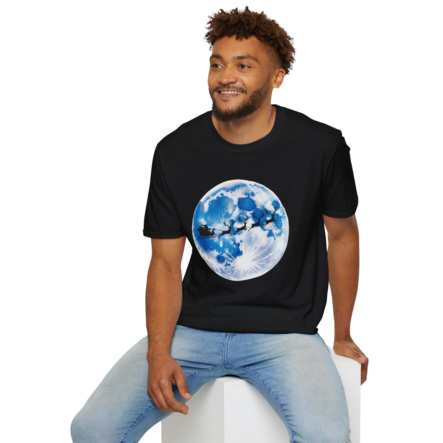 Santa Moon Christmas T-Shirt, Reindeer Sleigh Christmas Tee, Holiday Moonlight Xmas Shirt, Festive Christmas Graphic Tee, Winter Night Christmas Gift Tee