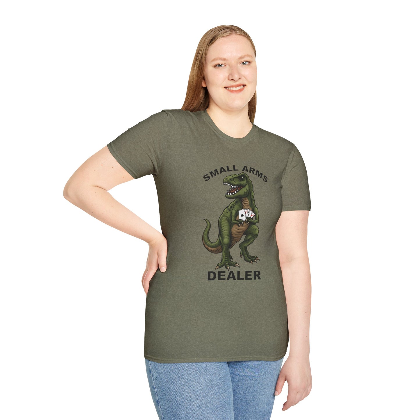 Funny Small Arms Dealer T-Rex Shirt, Dinosaur Pun Tee, Hilarious Graphic T-Shirt for Men & Women, Great Gift for Dad, Friend, or Coworker