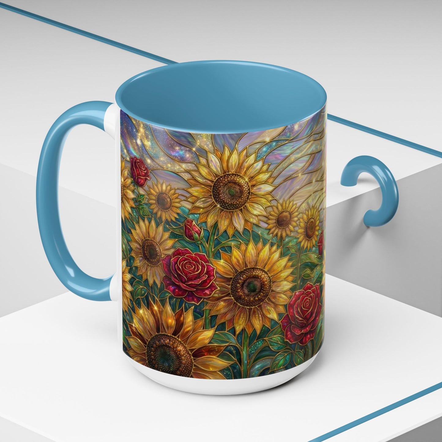 Personalized Stained Glass Sunflower Mug, Custom Red Rose Floral Coffee Cup, Celestial Night Sky Botanical Teacup, Gift For Flower Lover