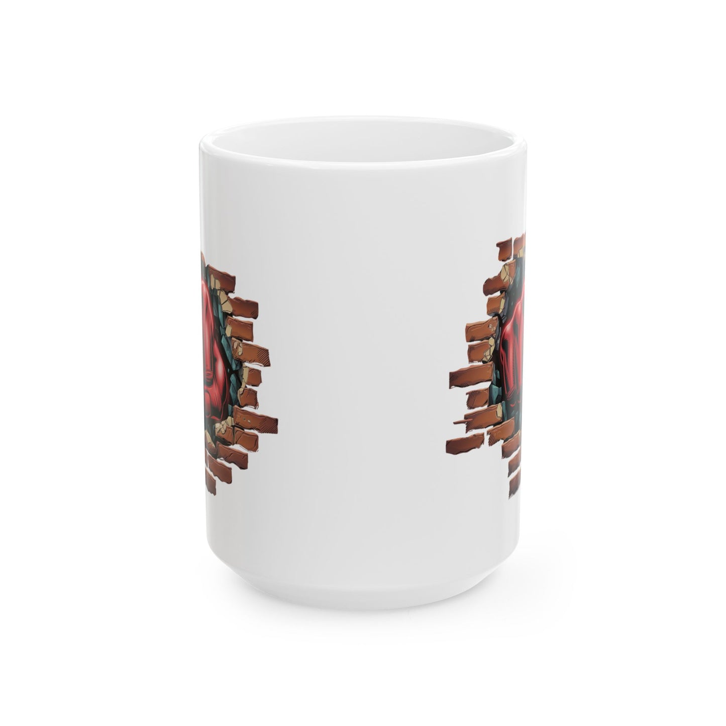 Red Fist Breaking Through Brick Mug – Bold Graphic 11oz or 15oz Ceramic Coffee Cup – Edgy Statement Gift for Him or Her, Cottagecore & Galaxy Aesthetic