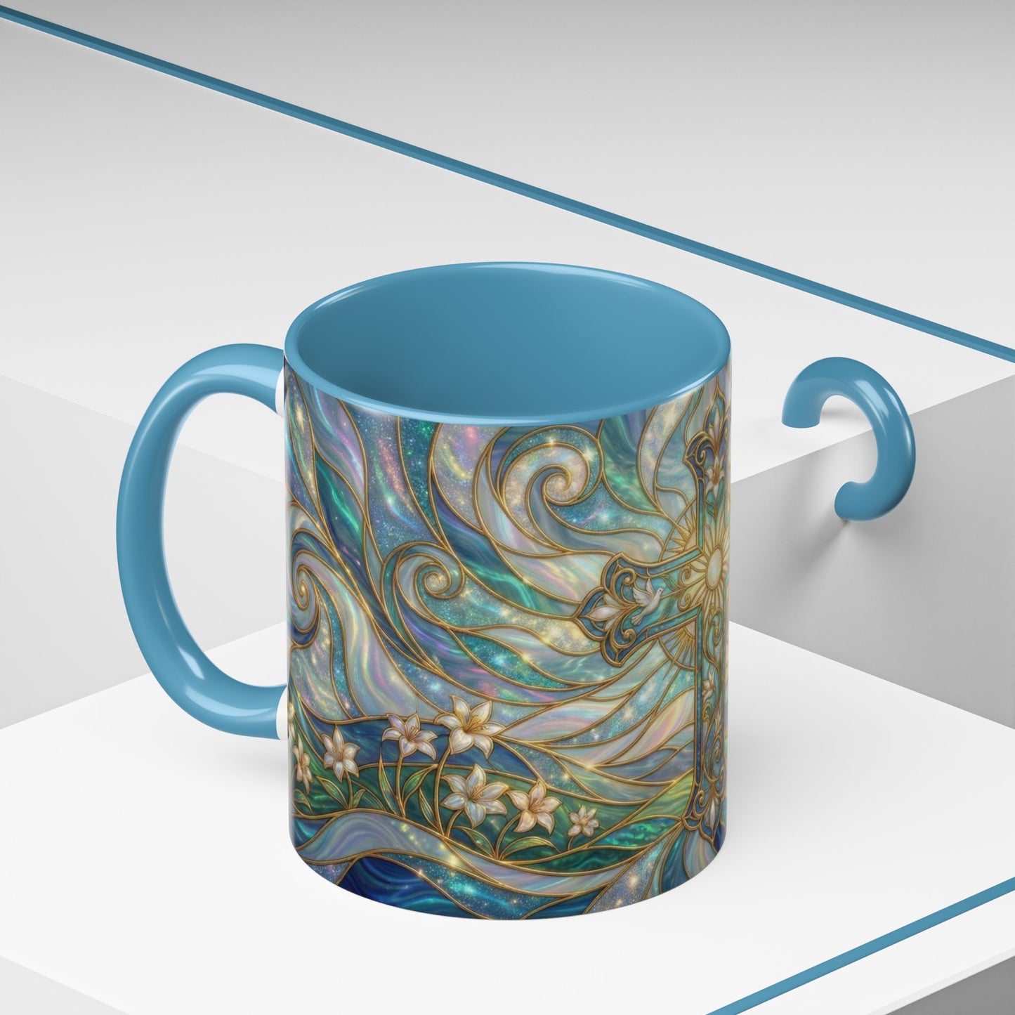 Stained Glass Cross Mug, Christian Coffee Cup, Religious Easter Gift, Celestial Faith Mug, Spiritual Sunrise Cup, Dove Lily Print Mug