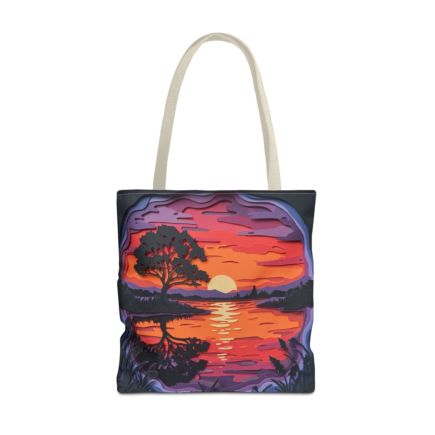 Sunset Landscape Canvas Tote Bag – Paper‑Art Inspired Nature Scene Tote – Colorful Sunset Market Tote, Eco Reusable Beach Bag, Vibrant Gift for Her