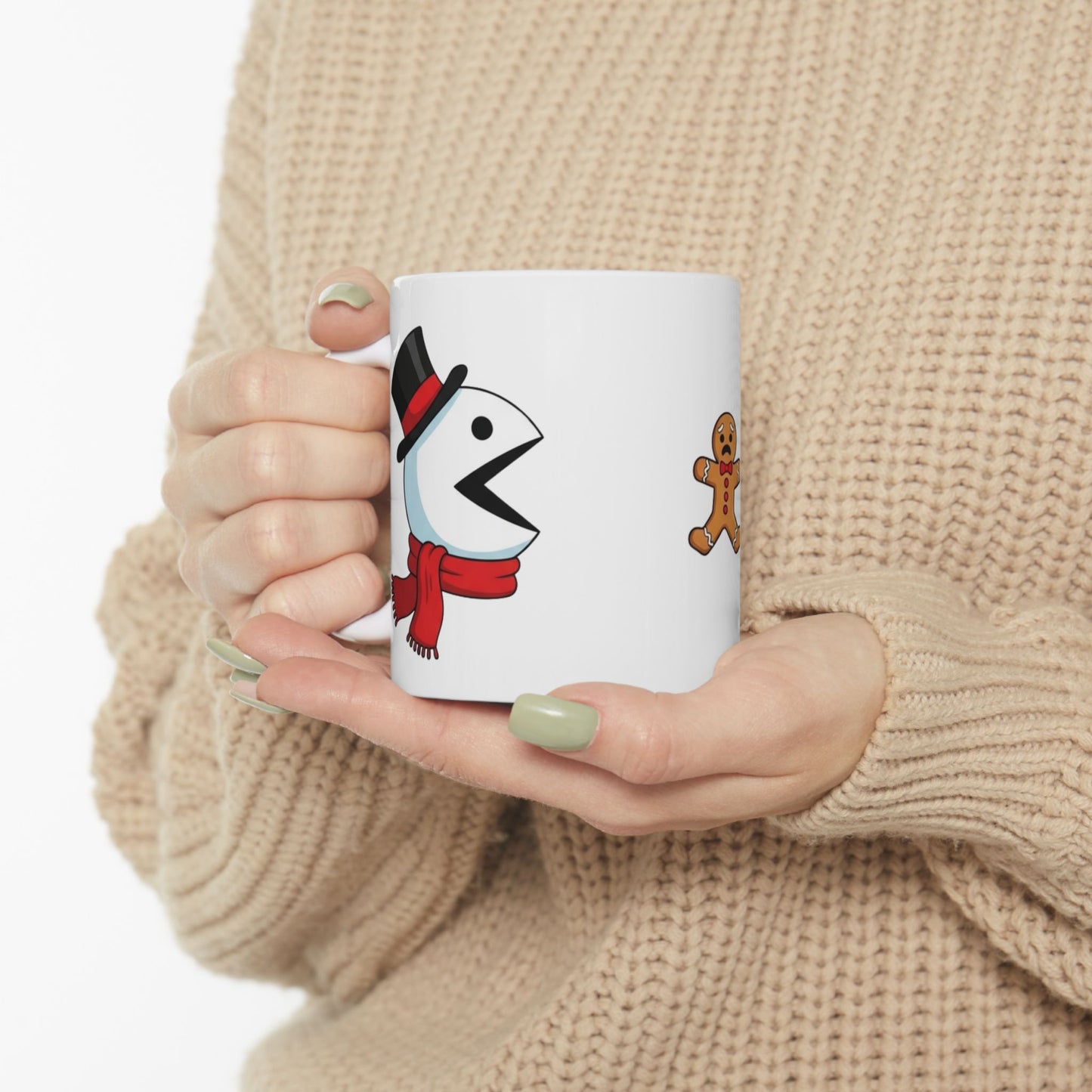 Funny Christmas Mug, Snowman and Gingerbread Mug, Holiday Coffee Cup Gift, Cute Winter Hot Cocoa Mug, Playful Festive Arcade Design