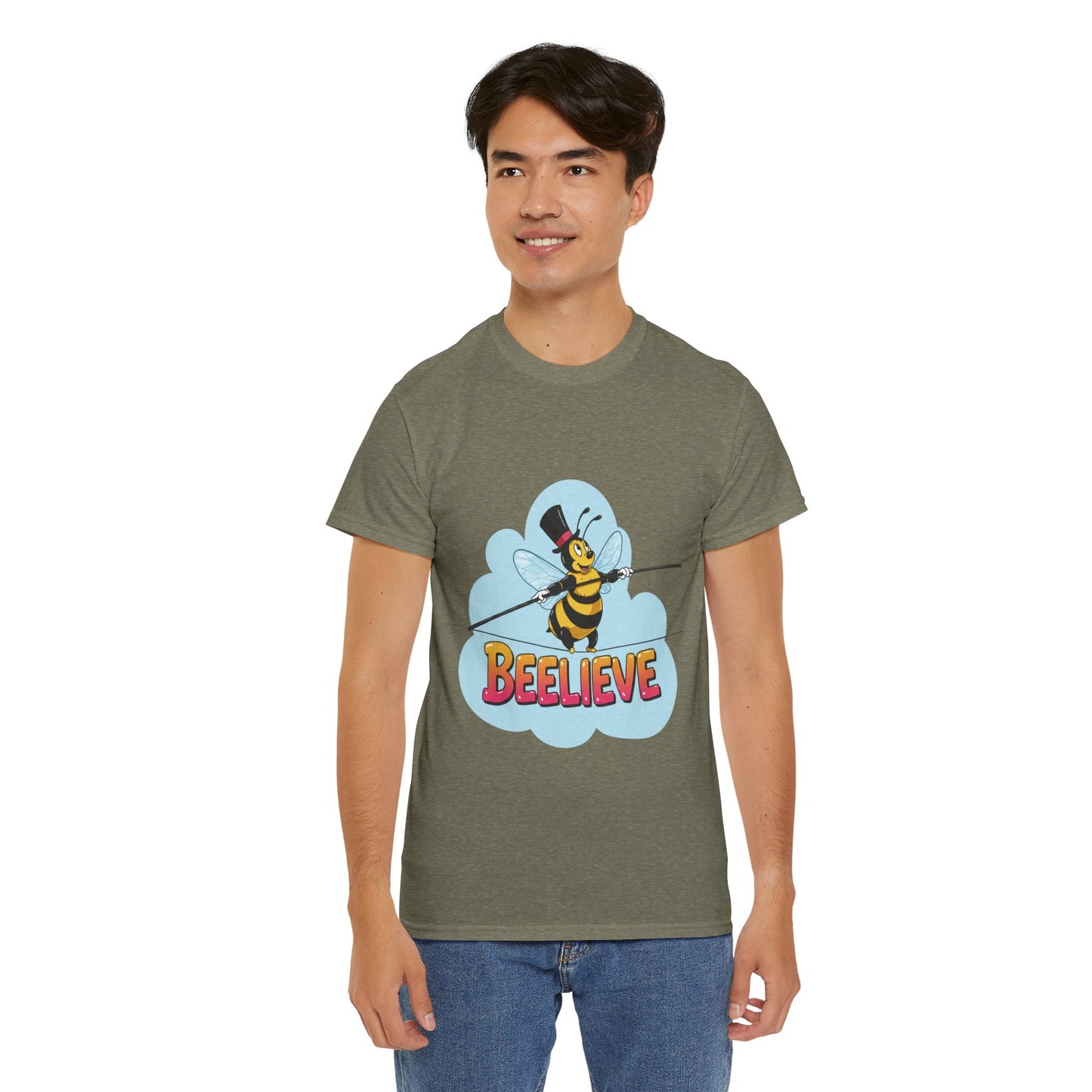 “Beelieve” Bee Pun T‑Shirt | Cute Bee Graphic Tee | Inspirational Pun Shirt | Funny Nature Lover Gift | Bee Belief Positive Vibes Tee
