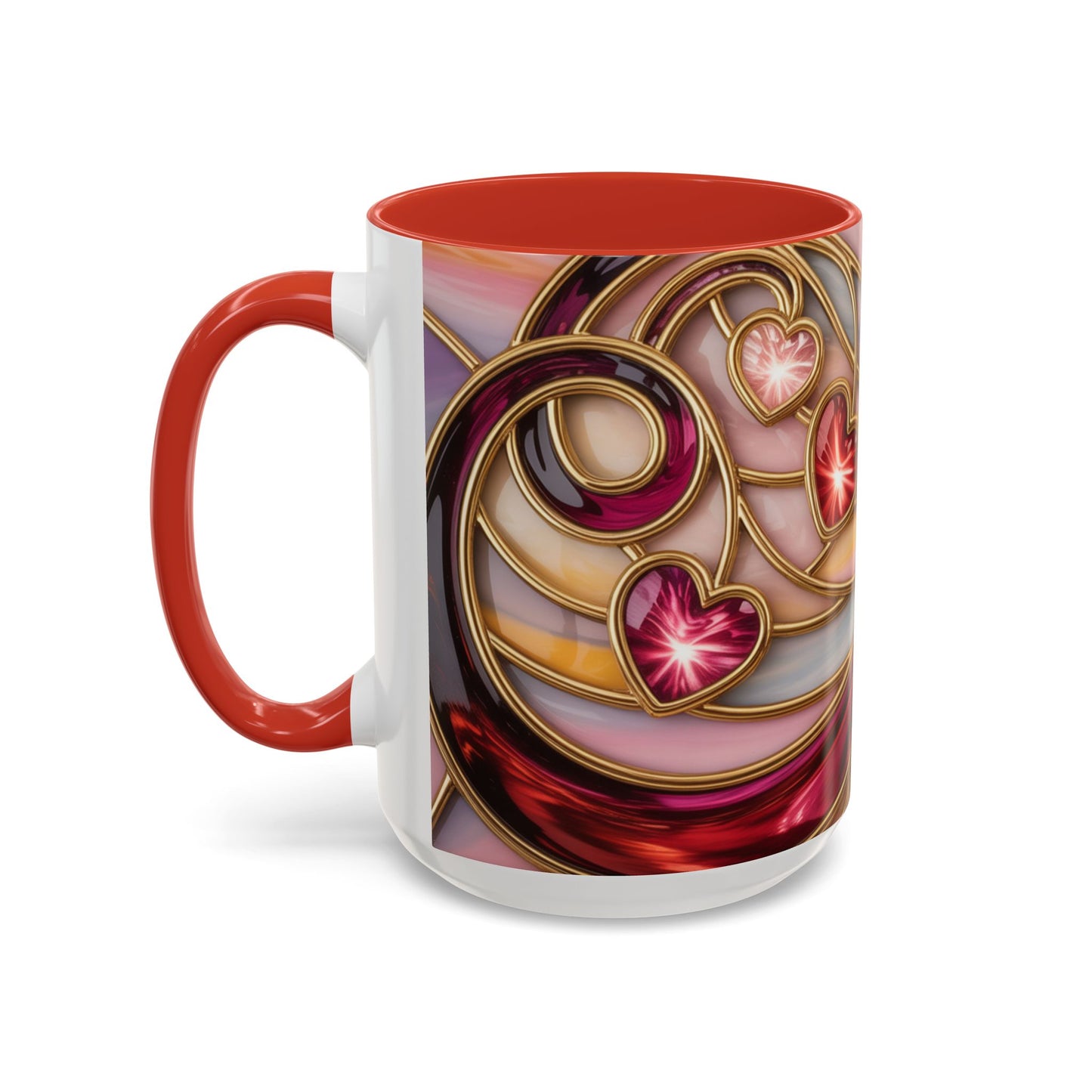 Stained Glass Heart Mug, Romantic Love Coffee Cup, Pink Red Gold Glass Style Mug, Valentine Gift For Her, Anniversary Wedding Decor
