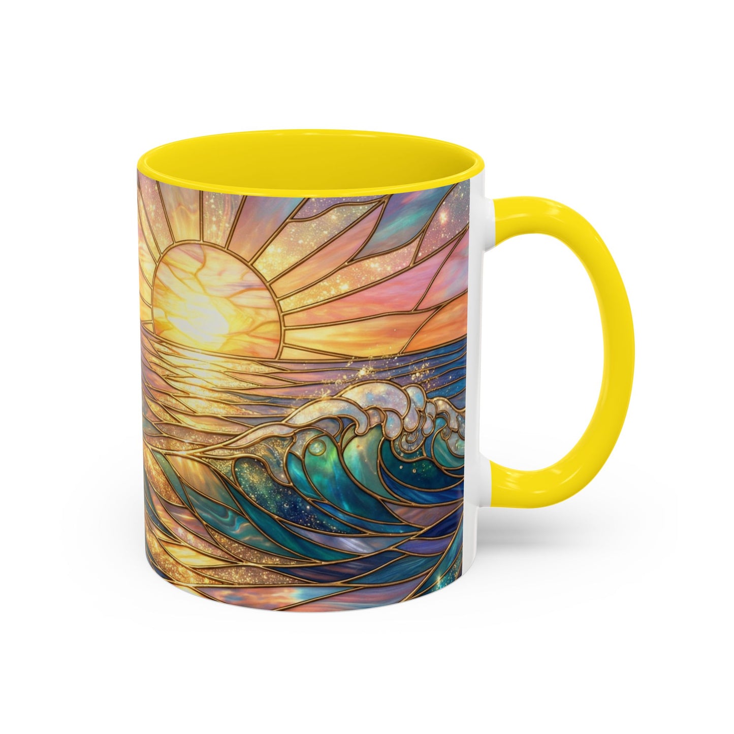 Stained Glass Ocean Wave Mug, Sunrise Beach Coffee Cup, Japanese Art Gift, Coastal Decor Kitchen, Mosaic Sea Tea Cup, Blue Gold Nature Lover