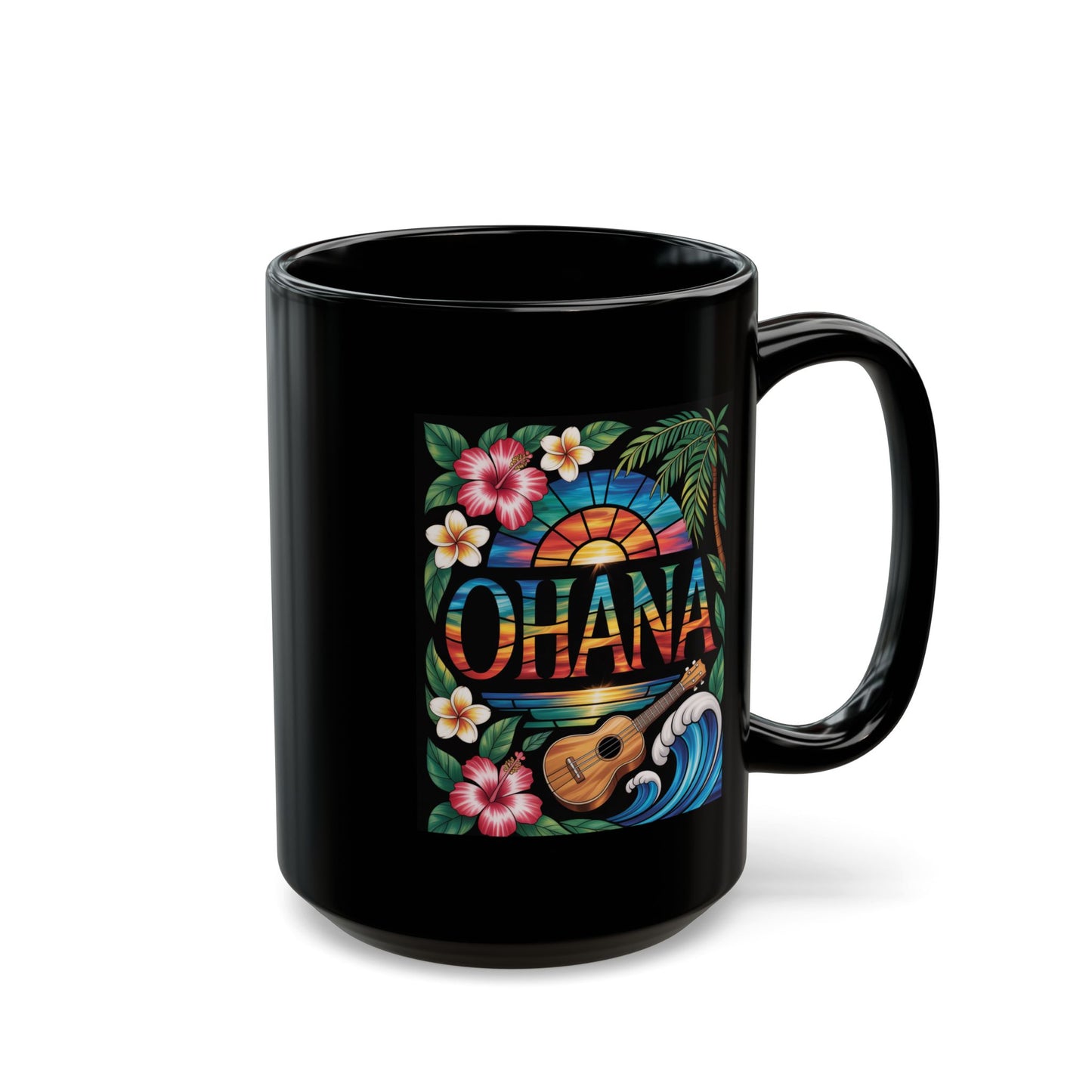 Ohana Mug Hawaiian Coffee Cup Tropical Sunset, Hibiscus Flowers, Ukulele, Aloha Gift